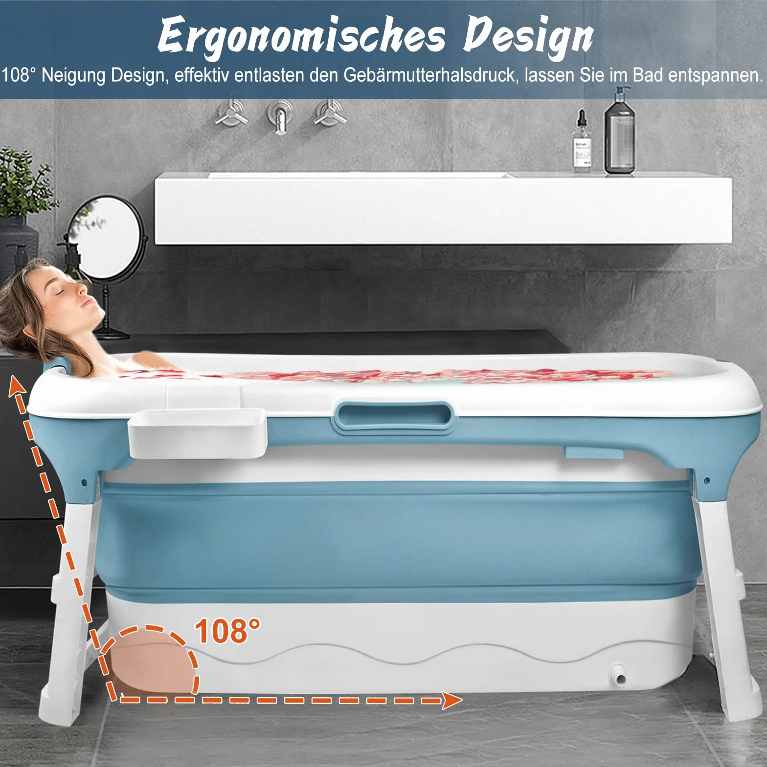 YUENFONG Wanna dla dorosłych XXL, składana wanna do kąpieli, ze zdejmowaną pokrywą, materiał PP i tworzywo sztuczne, wymiary 143 x 62 x 53 cm