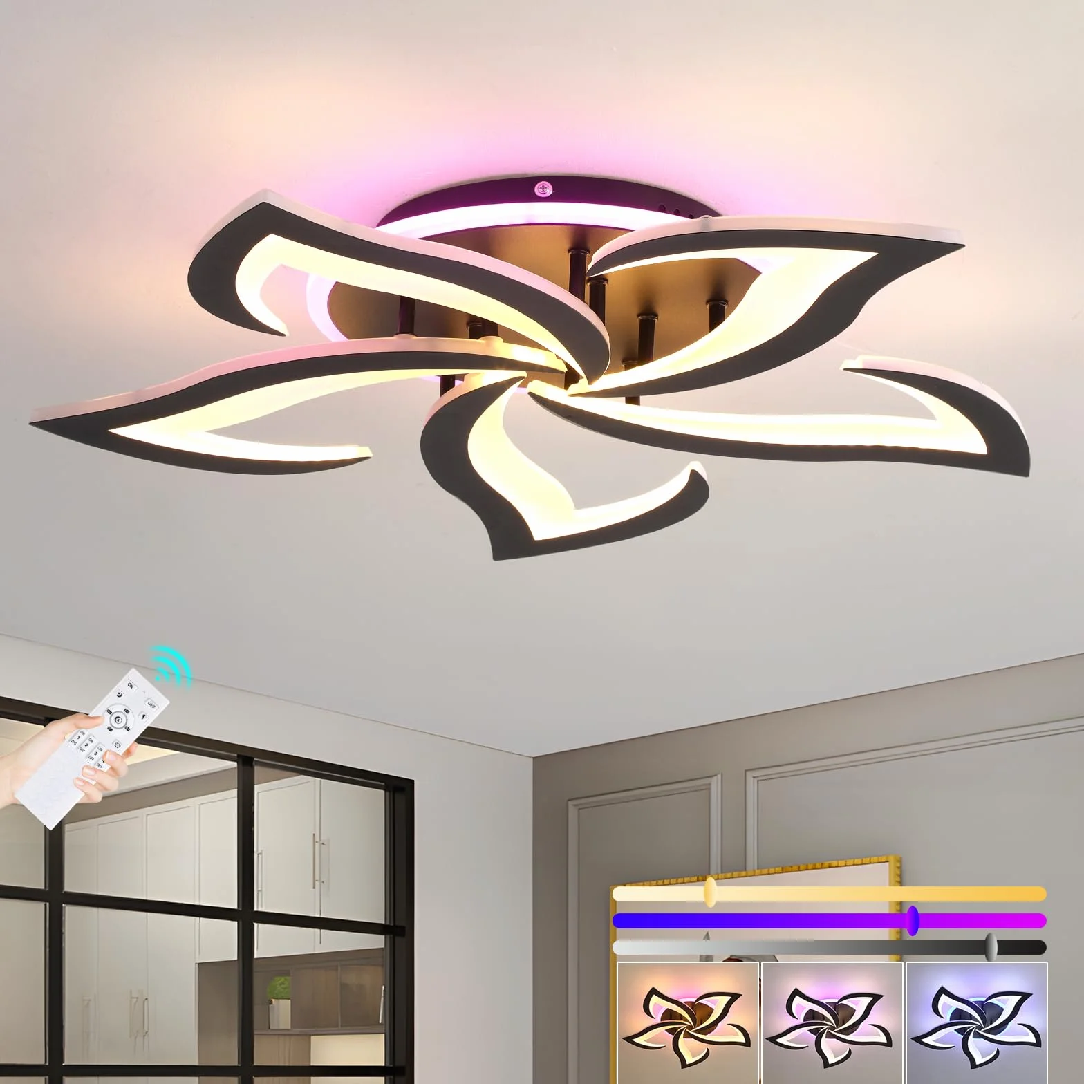 Ściemnialna lampa sufitowa LED, nowoczesny żyrandol do salonu 50 W, 3000 K-6000 K, oświetlenie sufitowe z pilotem, 5 jaskółczych ogonów design oprawa sufitowa do domu i biura, czarny żyrandol,