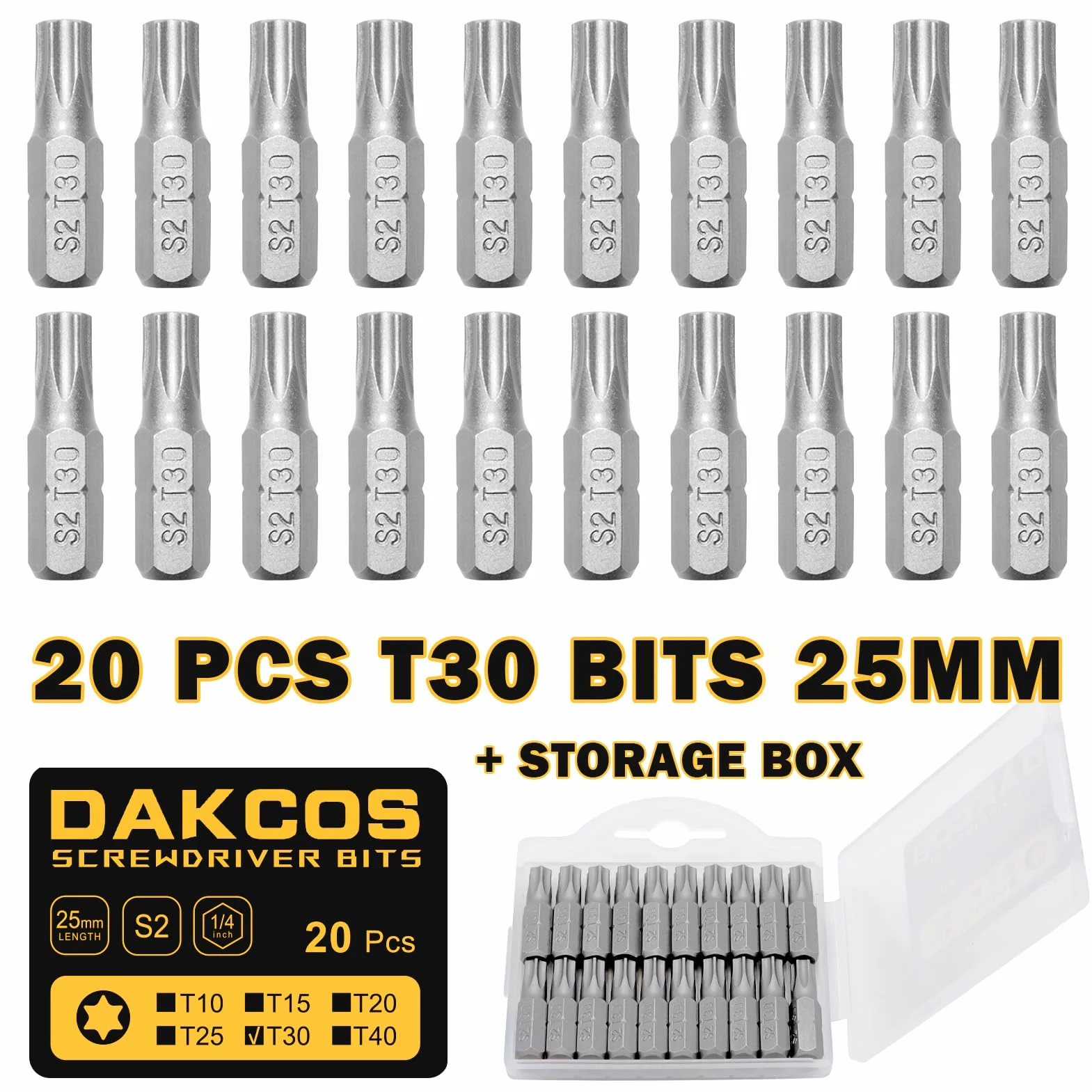 DAKCOS T30 bit, Torx Bit T30, asortyment bitów z S2 (długość: 25 mm, 20 sztuk)