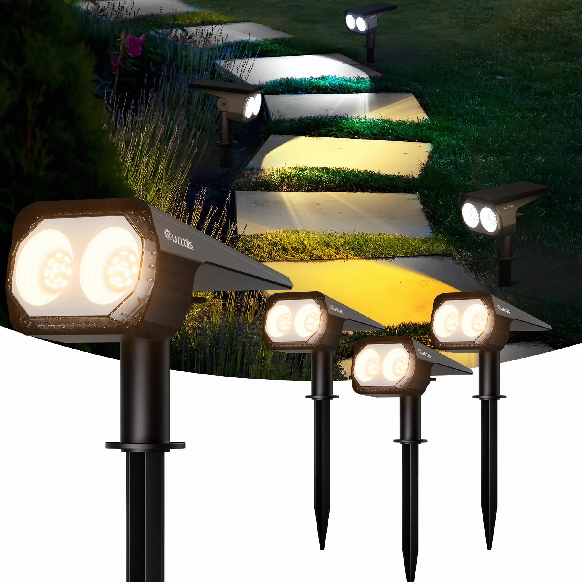 Zestaw 4 reflektorów zewnętrznych LED Quntis 26LEDs, wodoodporne zewnętrzne oświetlenie słoneczne IP65 z 3 kolorami i 6 trybami, kabel ładujący USB C, zewnętrzny reflektor słoneczny