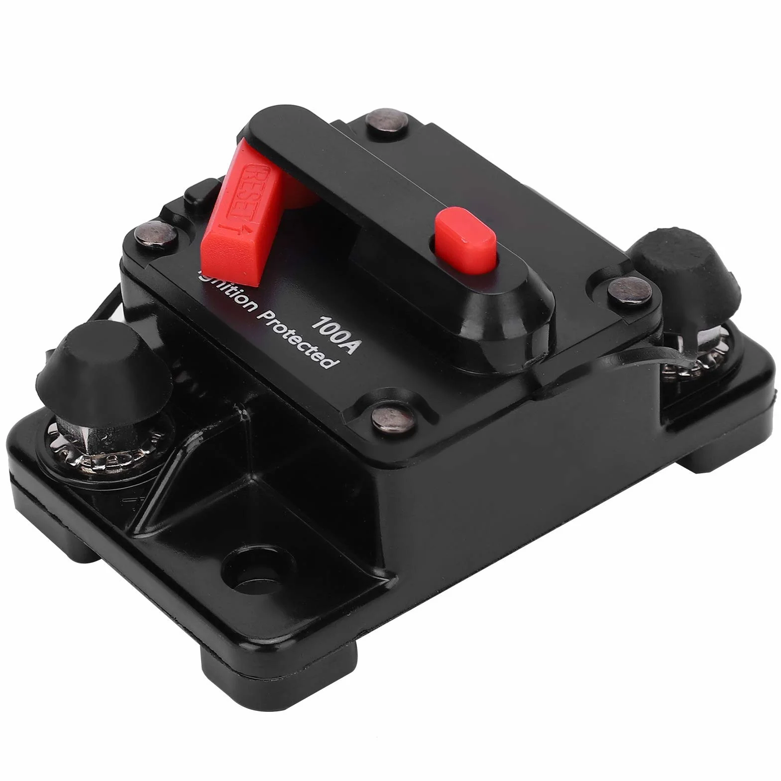 Wyłącznik automatyczny, uchwyt bezpiecznika z automatycznym resetowaniem, wodoodporny wyłącznik automatyczny z czerwonej miedzi DC12-42V, z wodoodporną plastikową osłoną ochronną (100 A)