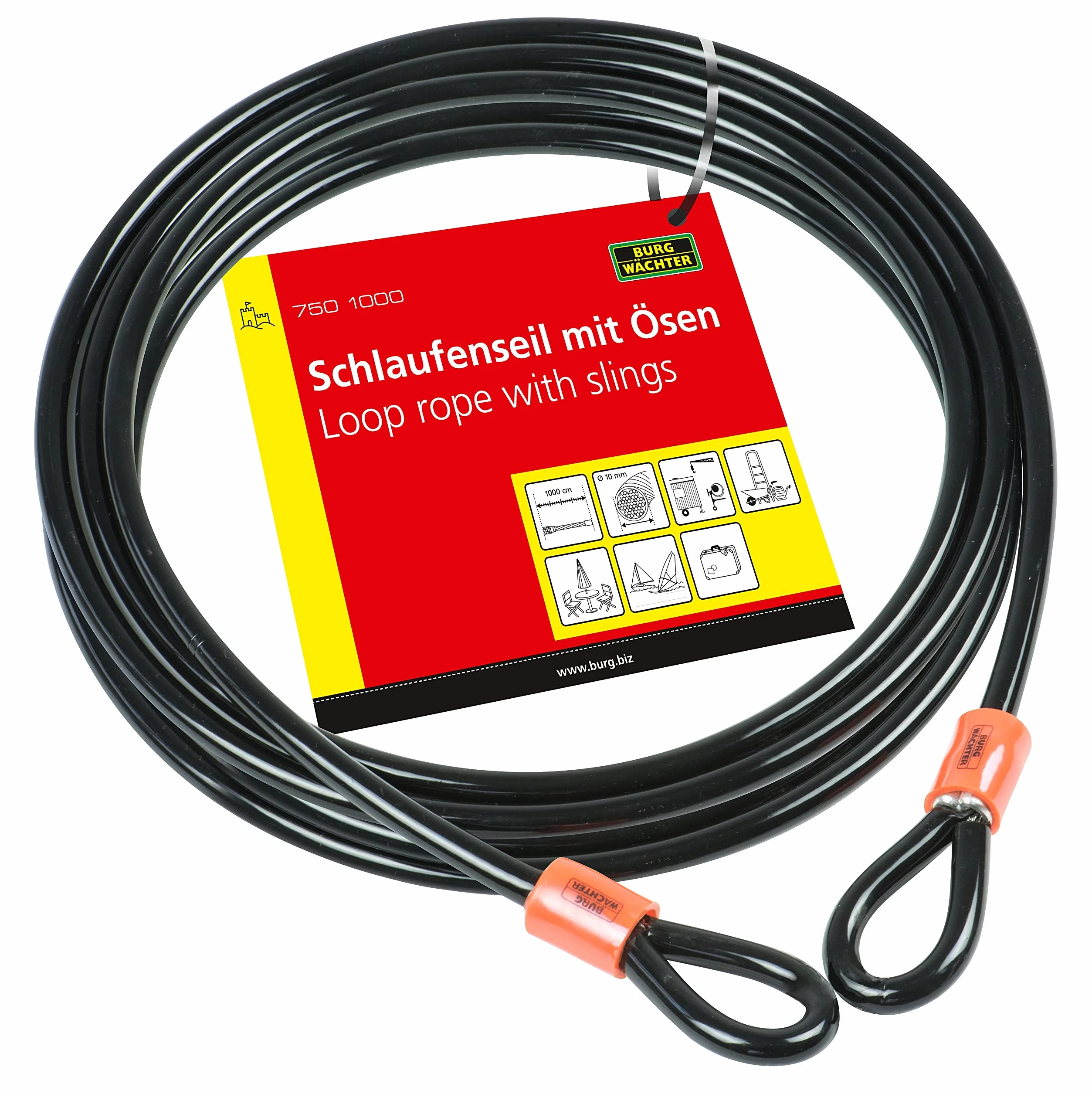 Burg-Wächter Unisex's 750 1000 podwójna pętla winyl powlekany wielokrotnie pleciony kabel stalowy, czarny, 10 mm x 10 m