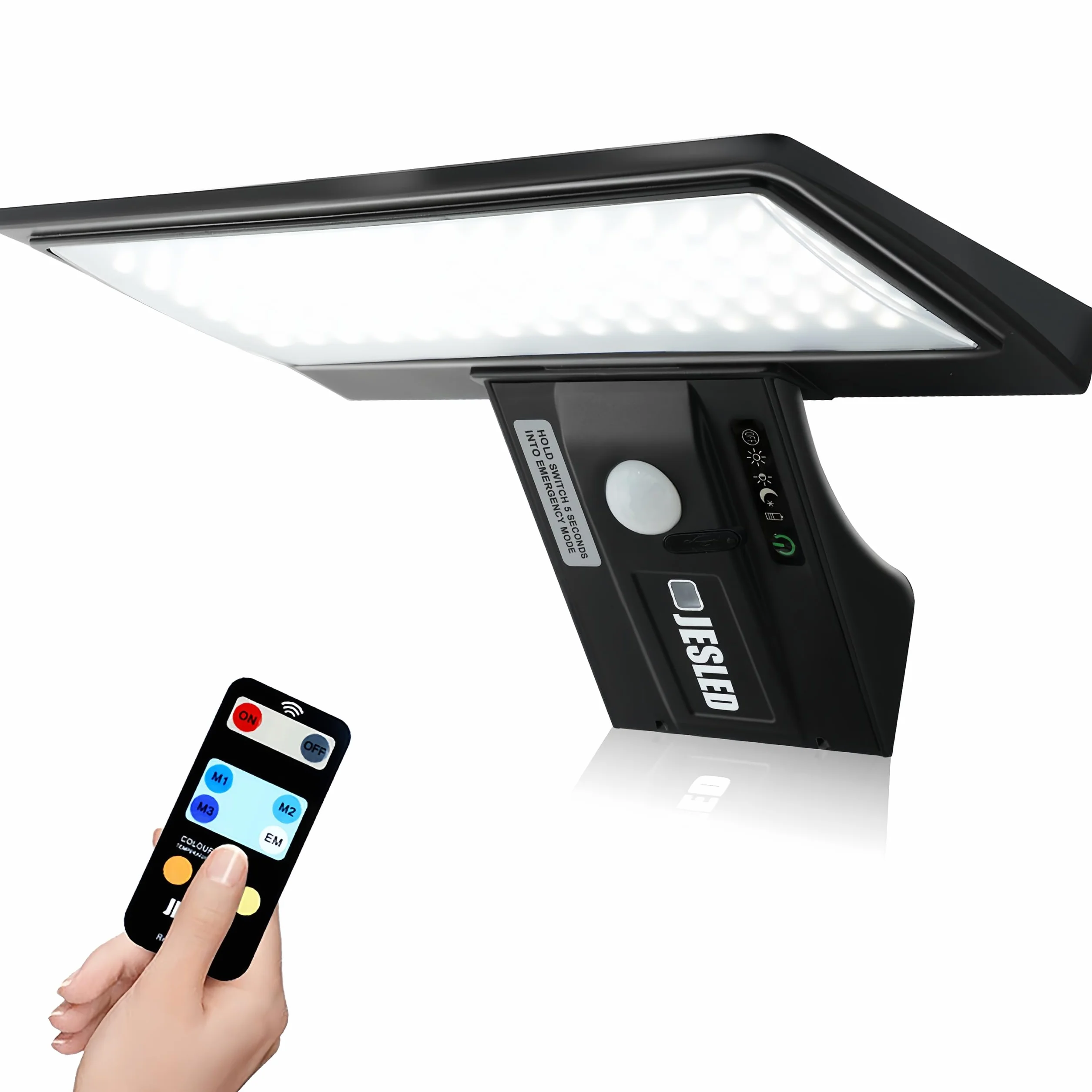 JESLED Solarlampen für Außen mit Bewegungsmelder, 90 LED Solarleuchte mit Fernbedienung, 2600mAh Solarleuchte Sicherheitswandleuchte, 3 Modi IP65 Wasserdichte Wandlampe für Garten Hof Garage