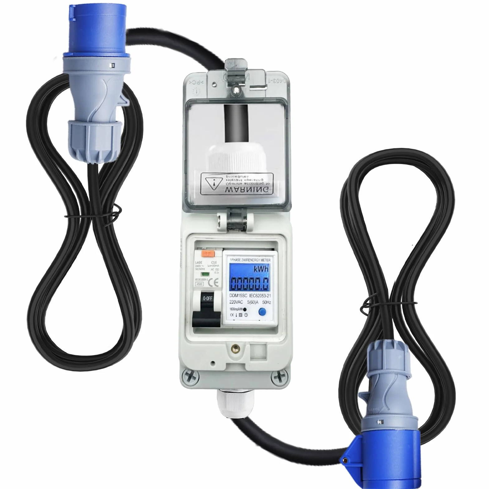 Mobilny cyfrowy licznik prądu 230 V 16 A, miernik zużycia energii elektrycznej do gniazdka z wyłącznikiem ochronnym FI typ A, IP44 CEE 3 piny 16 A, wtyczka do złącza CEE 16A, obudowa licznika prądu