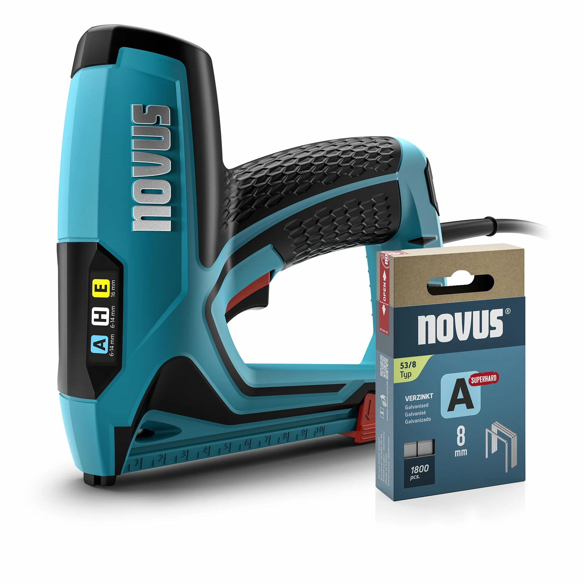NOVUS TOOLS Zszywacz elektryczny J-150 zestaw ze 1800 zszywkami, profesjonalny zszywacz i pistolet do paznokci z regulacją siły uderzenia, ogranicznikiem dystansowym i mechanizmem podładowania │ do