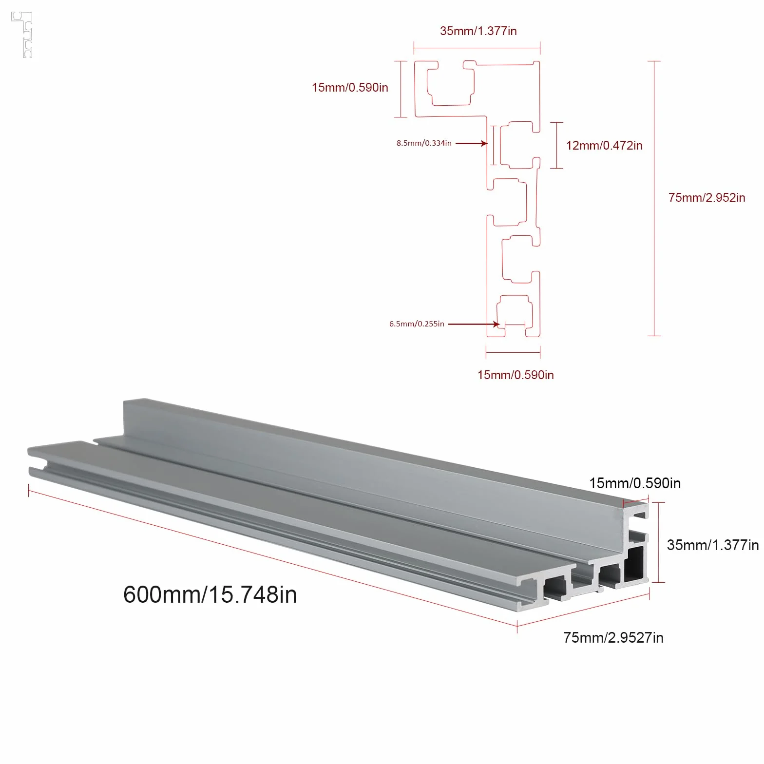 DBREAKS Prowadnica T do rowków, 75 mm aluminiowy rowek T, DIY rowek T, obróbka drewna obróbka drewna modyfikacja stołu warsztatowego do mocowania ogrodzenia(600MM)