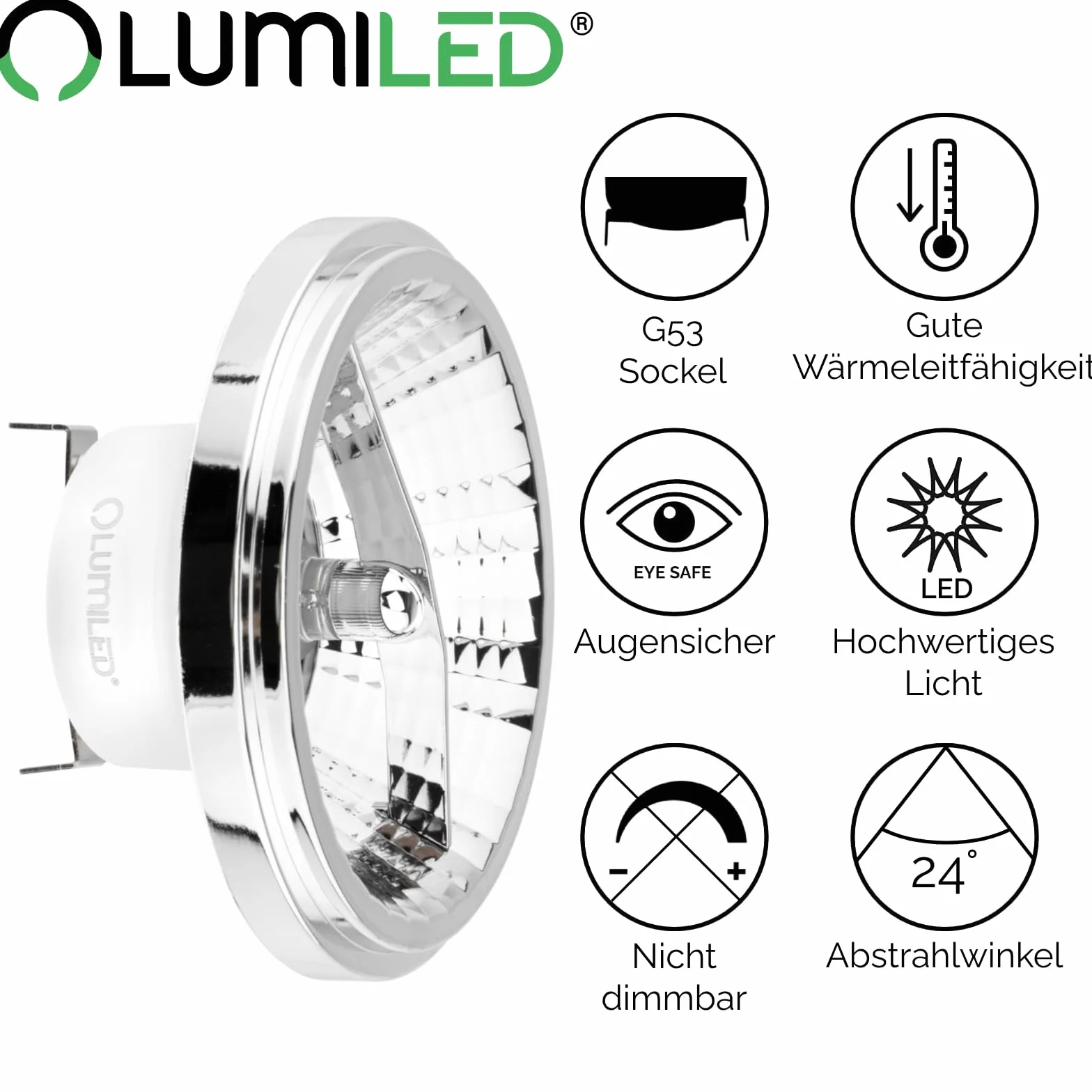 Żarówka LED G53 Reflektor AR111 15W = 100W 1521lm 4000K Neutralna 24° 12V Srebrna LUMILED