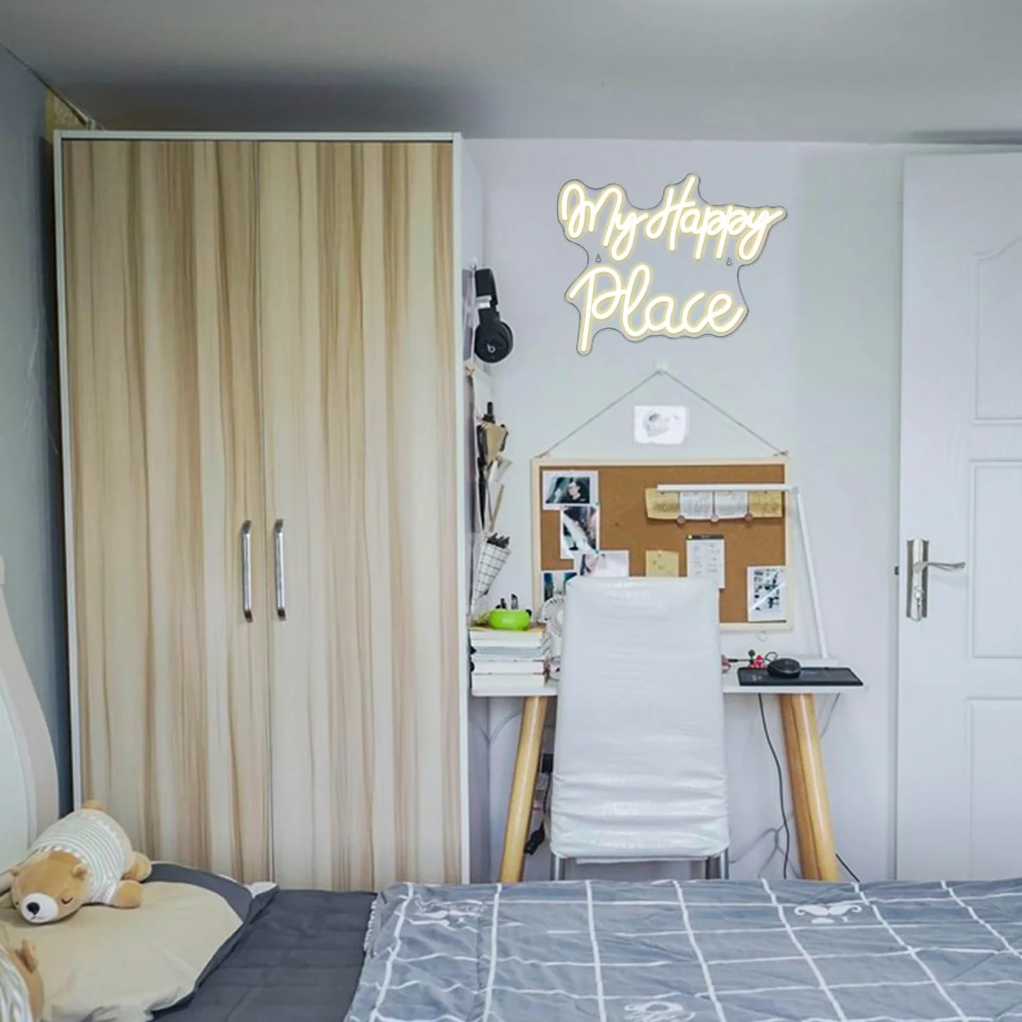 Neonowy znak My Happy Place, ciepłe białe światła neonowe do sypialni, znak LED z literami z zasilaniem USB do salonu, dekoracji ścian, pokoju gier, baru