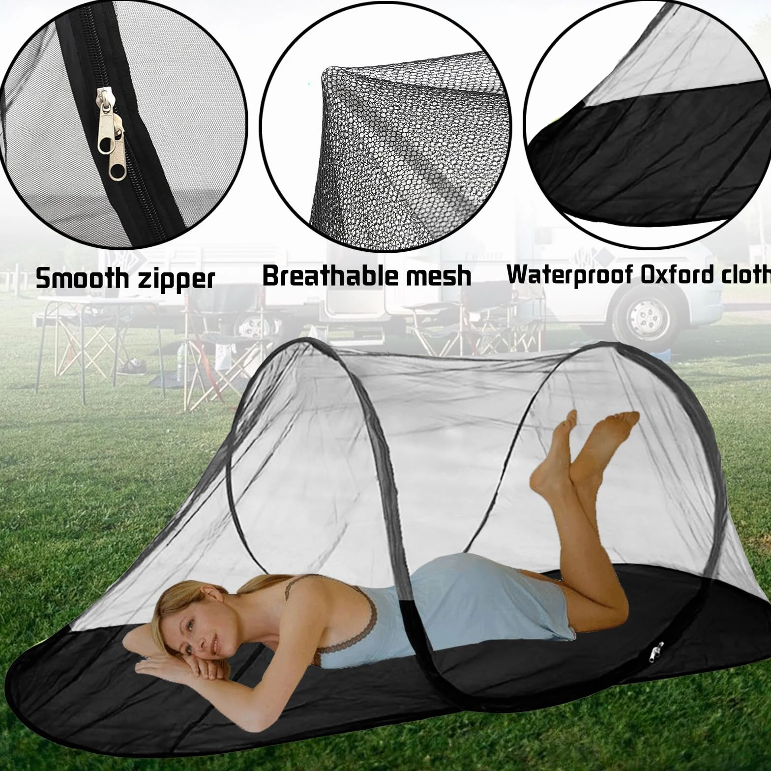 Moskitiera podróżna składana Pop-Up 200 x 72 x 70 cm 210D Oxford włókno szklane
