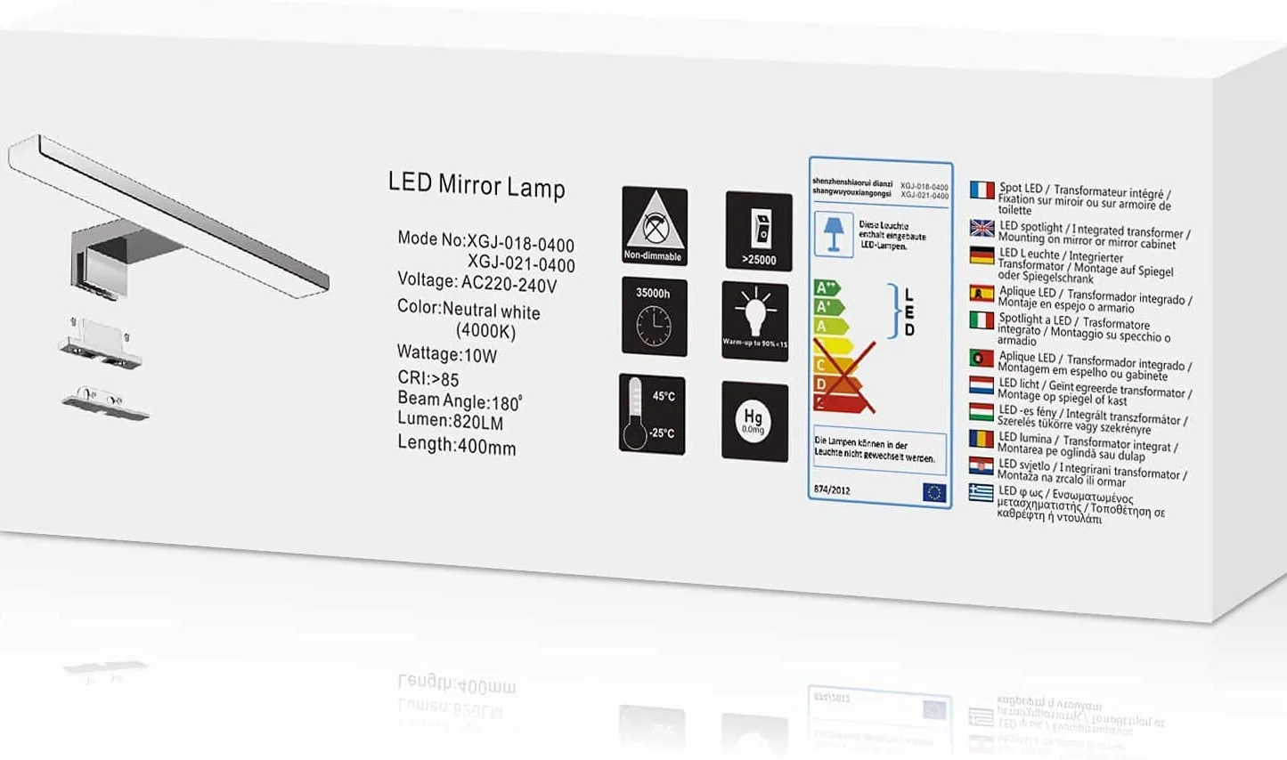 Oświetlenie lustra LED łazienka 10W 820LM 40cm neutralna biel 4000K Azhien, montaż 3w1 IP44 230V kinkiet lampa lustrzana 400mm, bez migotania oświetlenie lustra szafki łazienkowej