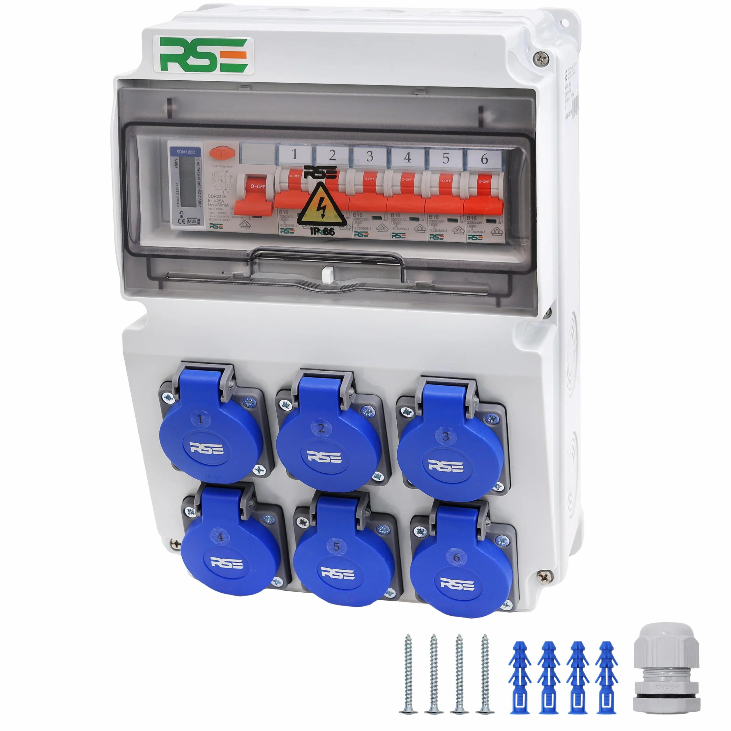 RSE Rozdzielacz prądu budowlanego rozdzielnica ścienna w pełni okablowany 230 V Schuko z licznikiem do wyboru IP65, 9. 6 x 230 V z LS + FI + licznikiem