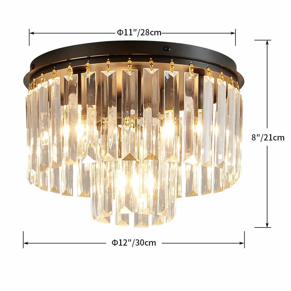 AGV LIGHTING Kryształowa lampa sufitowa, nowoczesna, półpodtynkowa lampa sufitowa, D12 x H8, podstawa E12 3 lampy, czarne wykończenie