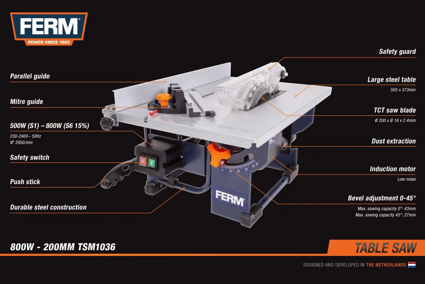 FERM Stołowa piła tarczowa 800 W – w zestawie Ø 200 mm brzeszczot 24-Z, prowadnica ukośna, prowadnica równoległa, drążek do pchania i przyłącze odkurzacza
