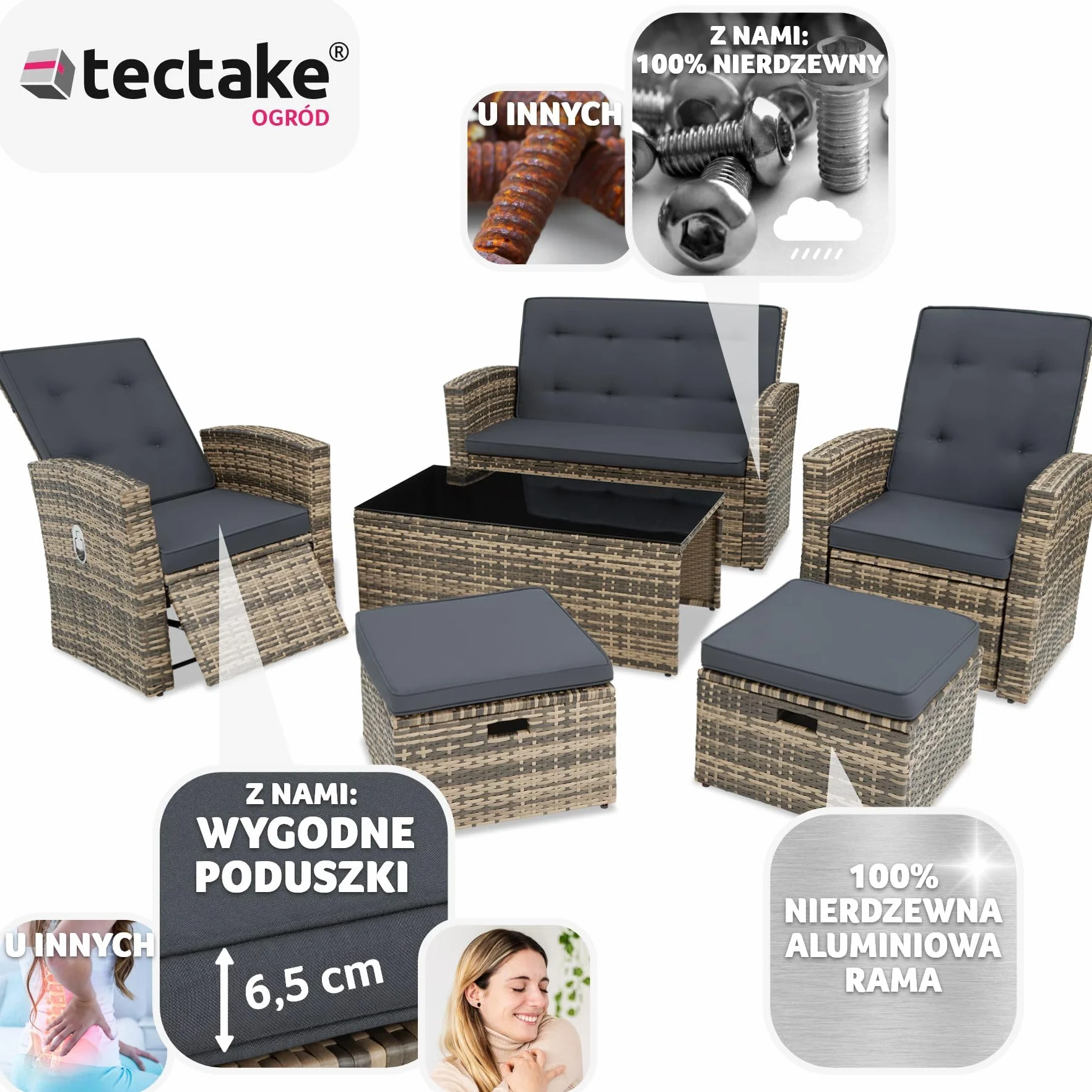 tectake® Zestaw Mebli Ogrodowych Bari, 6-osobowy, Wysokiej Jakości Technorattan UV, Aluminiowa Rama, Regulowane Oparcia, Stolik ze Szkłem Bezpiecznym (Naturalny)