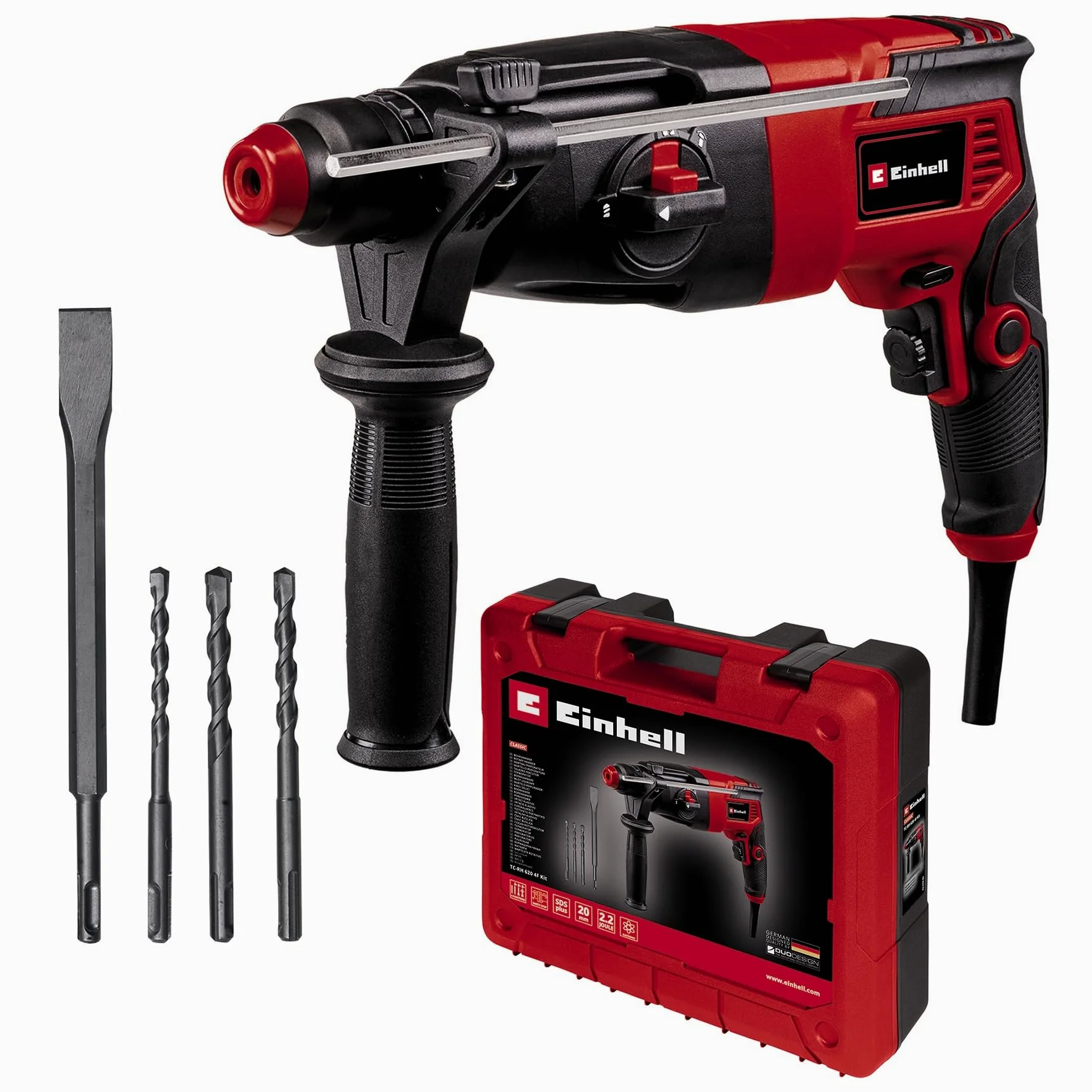 Einhell Młot udarowy TC-RH 620 4F/zestaw (620 W, pneum. mechanizm udarowy, siła uderzenia 2,2 J, wiercenie udarowe, wiercenie, dłutowanie z mocowaniem i bez, SDS-Plus, blokada pracy ciągłej)