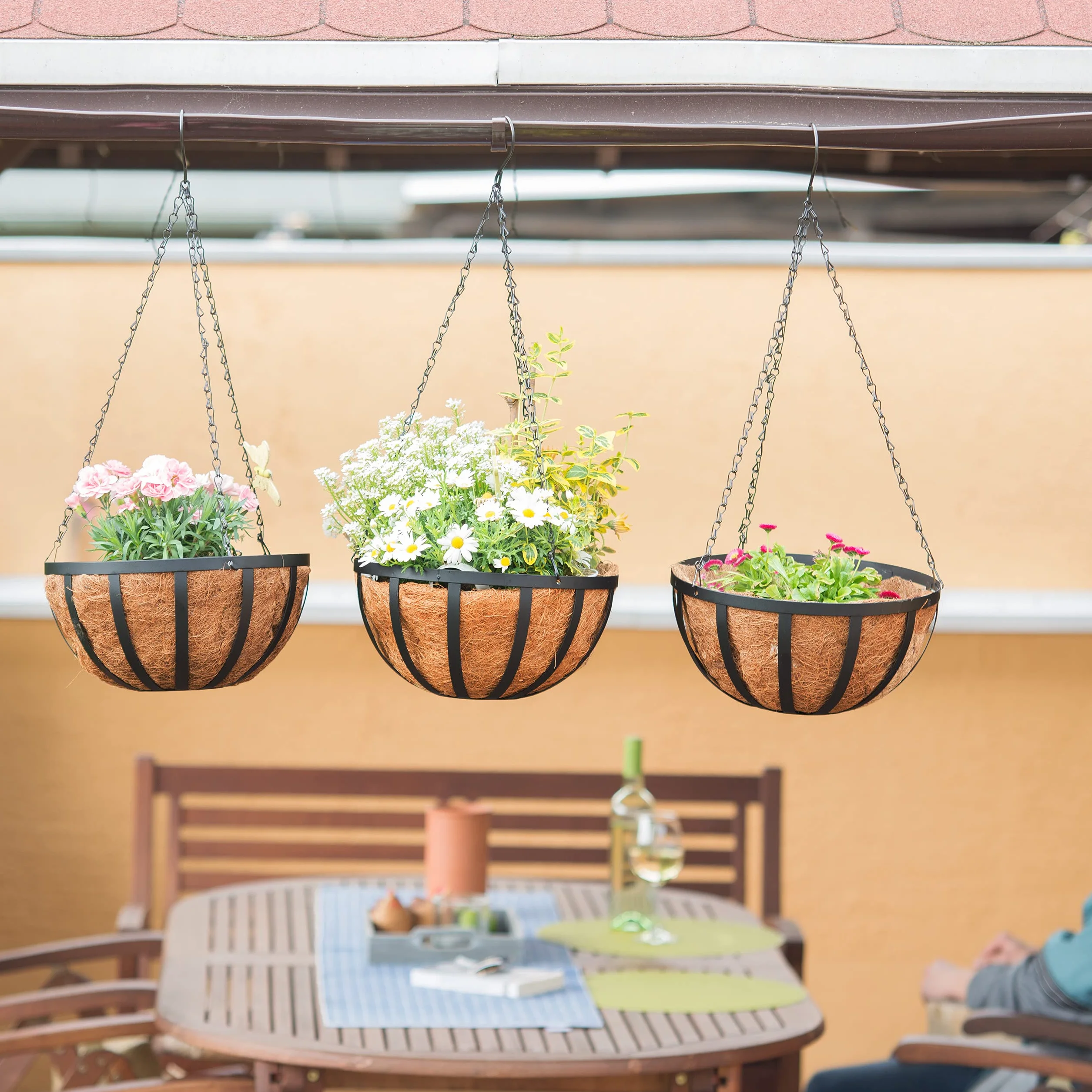 Relaxdays kosz wiszący 3 kosze, kokos, pojemność 21 litrów, z łańcuchem, średnica 30 cm jako kosz wiszący, brązowy