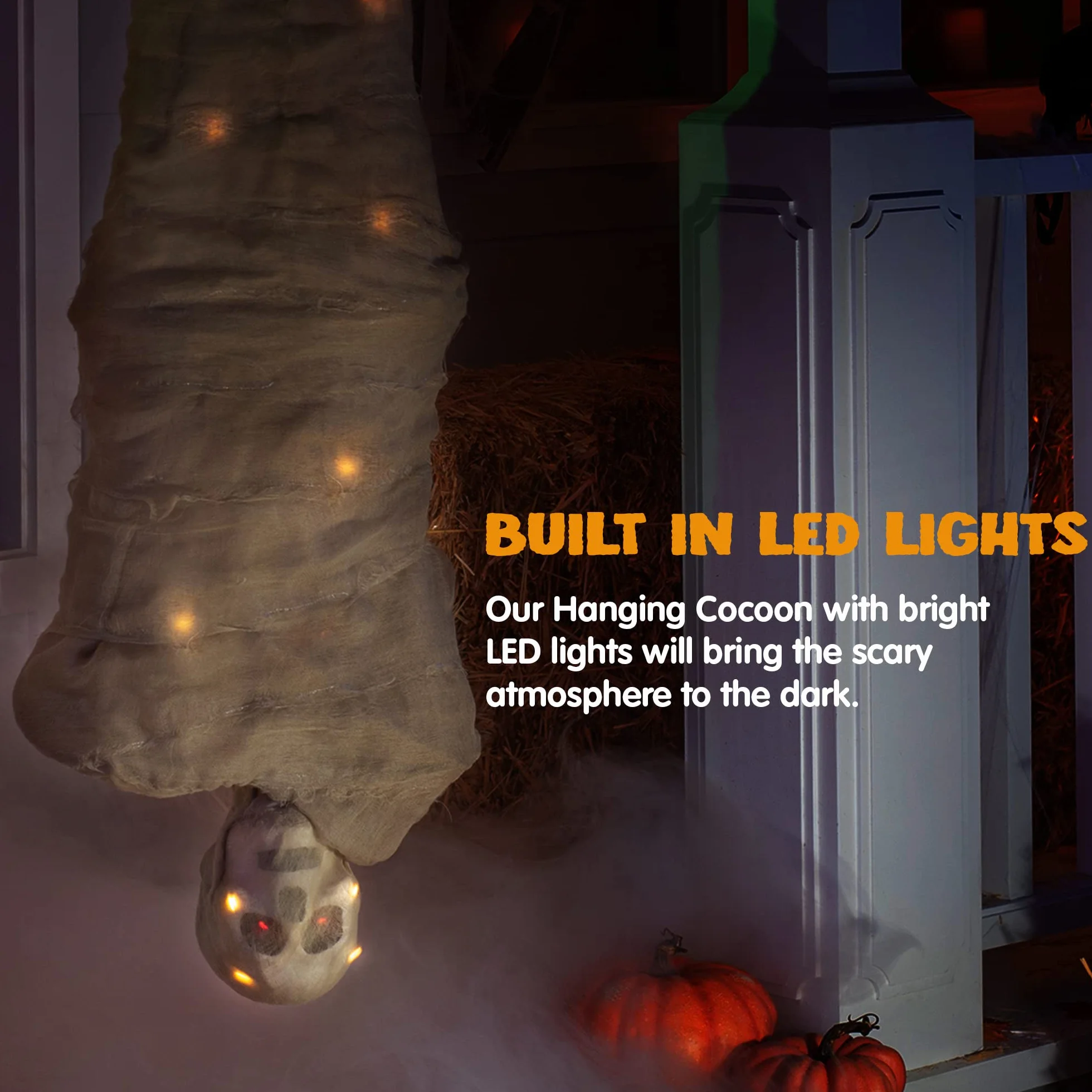 JOYIN Dekoracja na Halloween, kokon, zwłoki, animowane wiszące zwłoki, rekwizyty z oświetleniem całego ciała, oczami LED, upiorne dźwięki, na Halloween, na zewnątrz, trawnik, podwórko, patio,