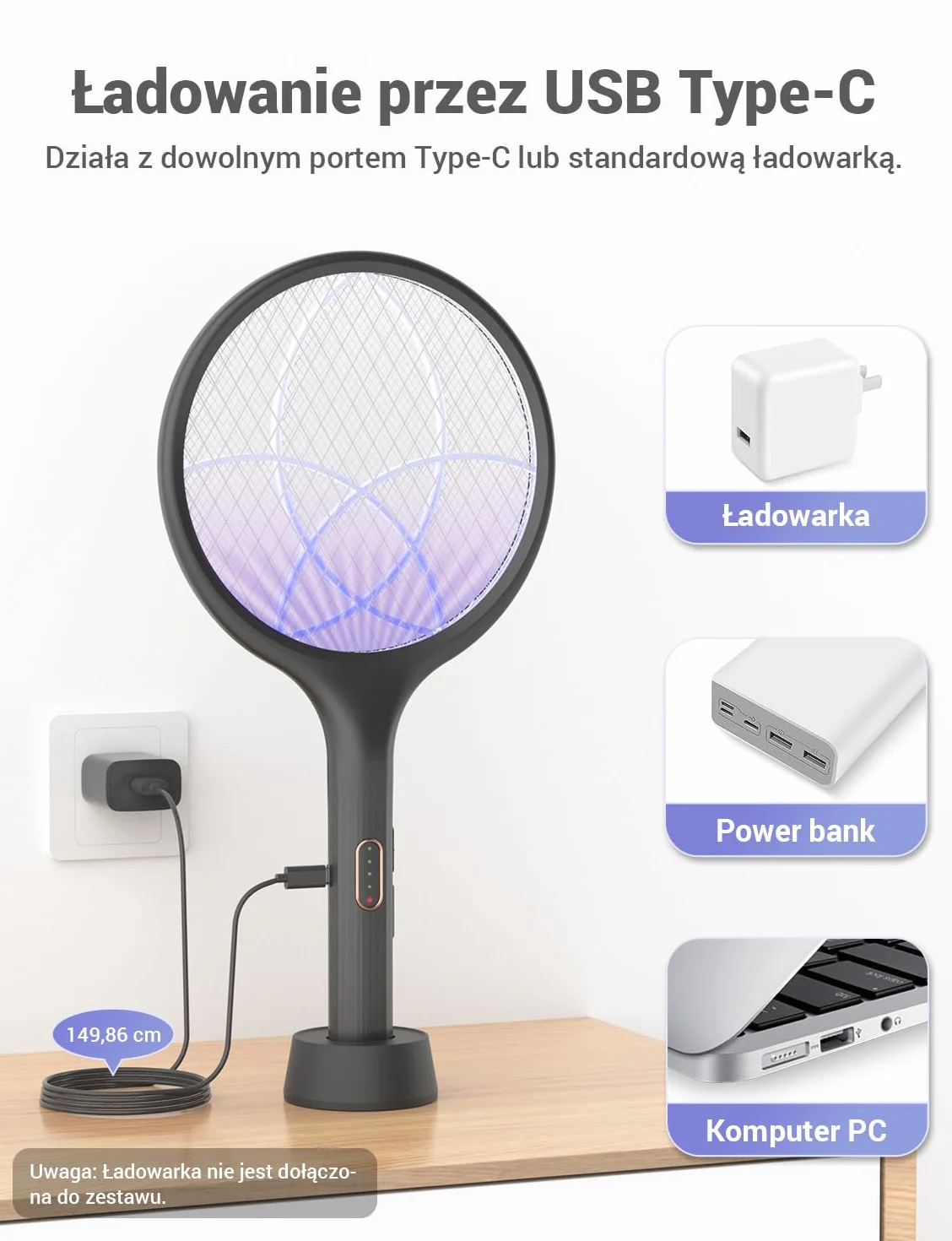 YISSVIC Elektryczna łapka na komary 4000 V 2 w 1 USB C Akumulatorowa UV Czarny 2 szt.