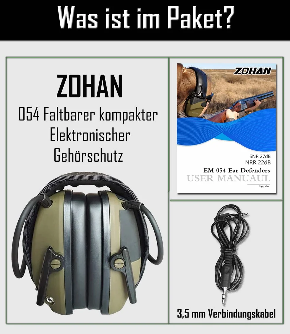 ZOHAN 054 Elektroniczne nauszniki ochronne na ucho, tłumiące hałas, podczas strzelania, NRR22 dB SNR 27 dB dynamiczna regulacja hałasu
