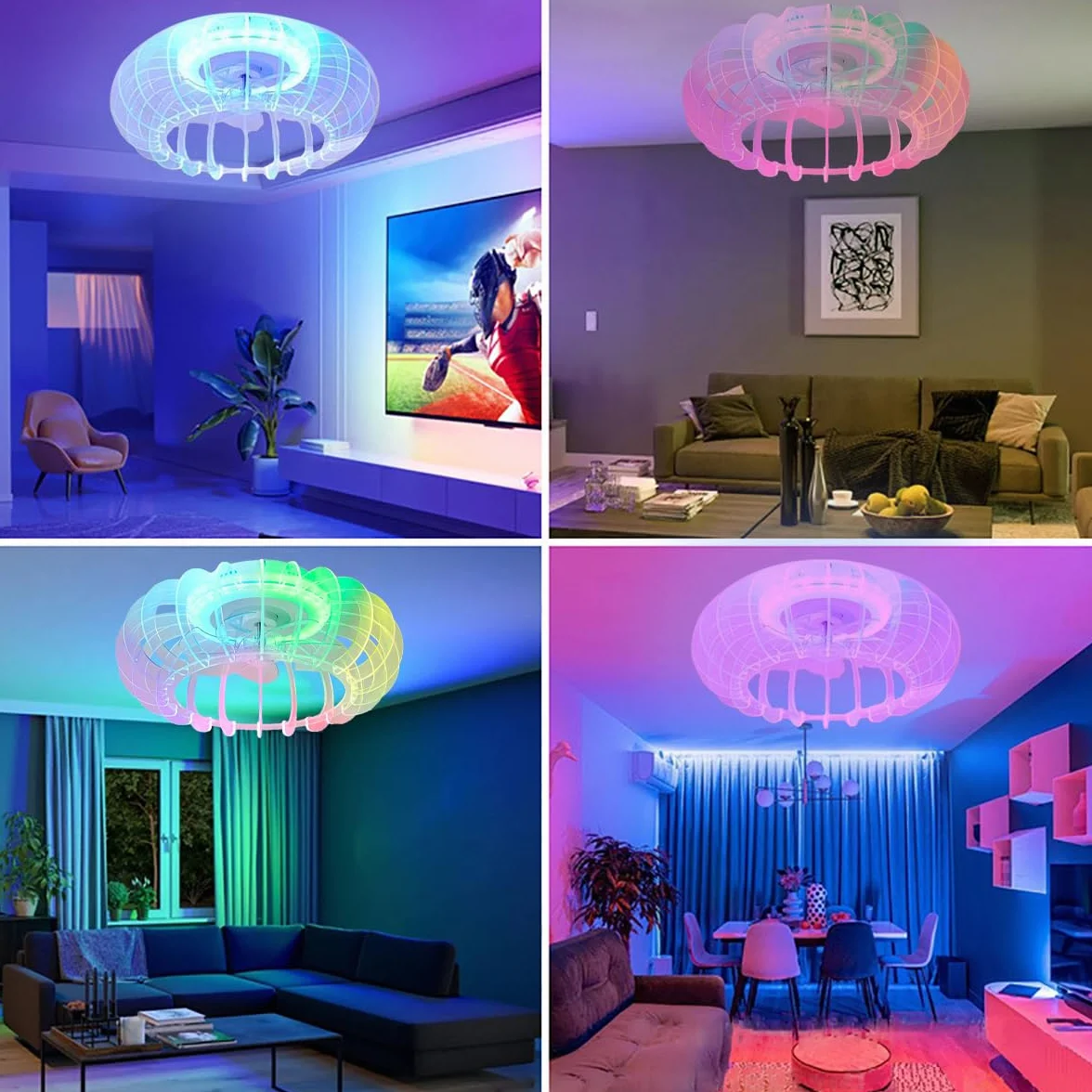 Cichy wentylator sufitowy RGB z oświetleniem LED, lampa sufitowa z wentylatorem i pilotem zdalnego sterowania, ściemniana, lampa do pokoju dziecięcego z głośnikiem Bluetooth, muzyka, lampa sufitowa