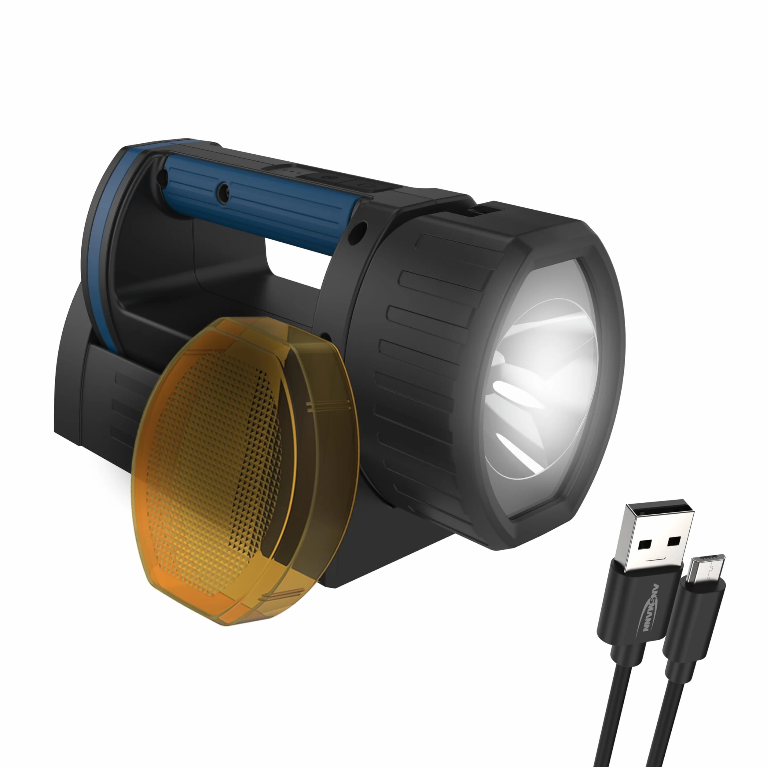 ANSMANN Bardzo jasny reflektor ręczny LED, akumulator 5200 mAh, ładowany przez micro USB i etui do ładowania, 3 tryby świecenia, regulowana głowica lampy, oświetlenie awaryjne