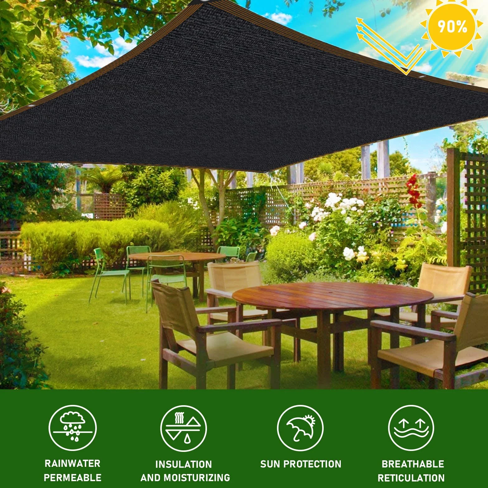 Żagiel przeciwsłoneczny 2 x 3 m prostokątny czarny 90% ochrona UV oczka