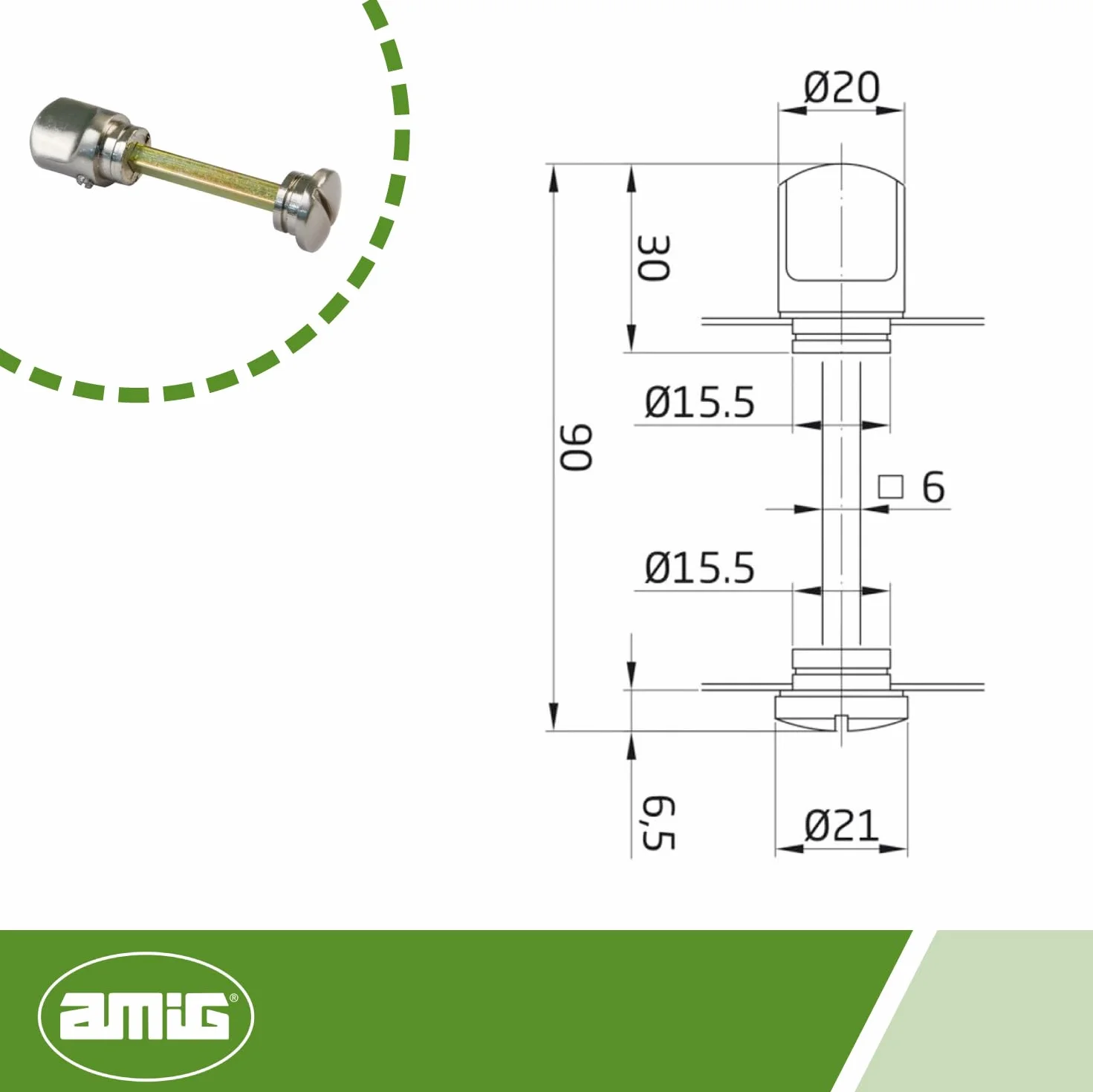 Amig - Pokrzywa na tuleje płytowe | Mod. 6Z | Ø21 x 90 mm | Kwadrat 6 mm | Skazanie z zewnętrznym systemem odblokowania | Zamak srebrny matowy