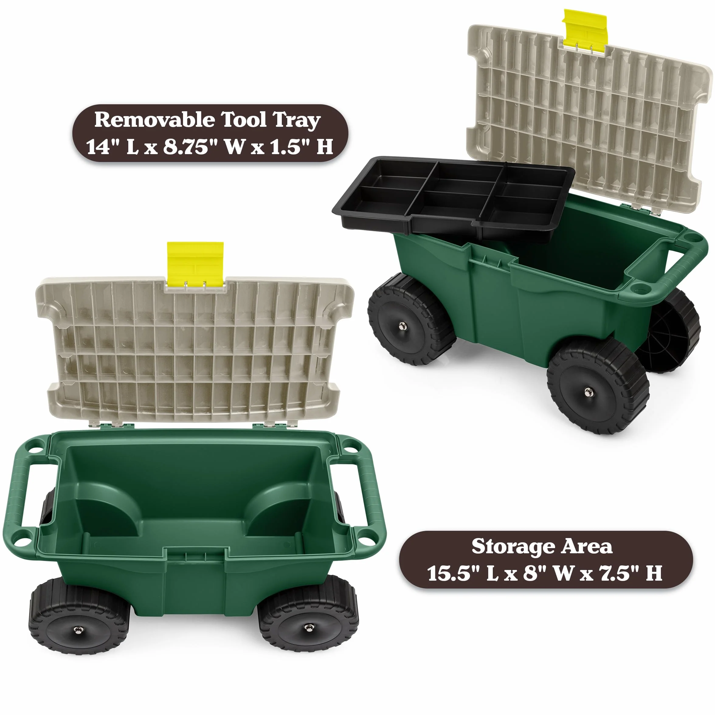 Wózek ogrodowy na kółkach z siedziskiem, plastikowy schowek z ławką i wewnętrzną tacą na narzędzia, stołek ogrodniczy do pielenia i sadzenia od Pure Garden (zielony)