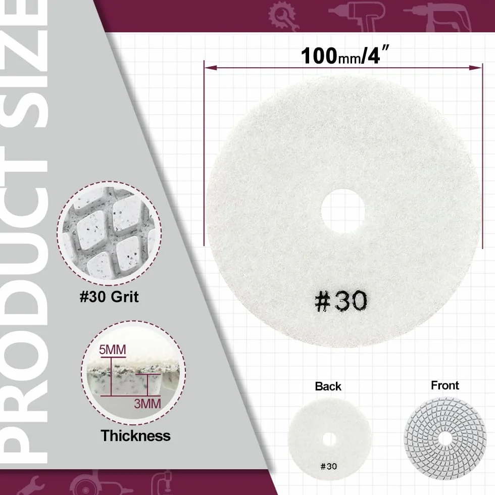 Diamentowe podkładki polerskie o ziarnistości 30-6 sztuk na mokro tarcze polerskie 100 mm do granitu, marmuru, kwarcu sztucznego kamienia, do szlifierek