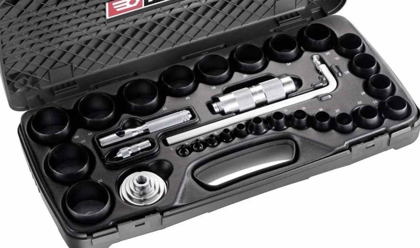 FACOM – Zestaw foremek do fug, 26-częściowy – 245.J2A – produkcja okrągłych fug – kompozytowe cięcie fug do 50 mm – formy i cyrkiel – wiele wymiarów