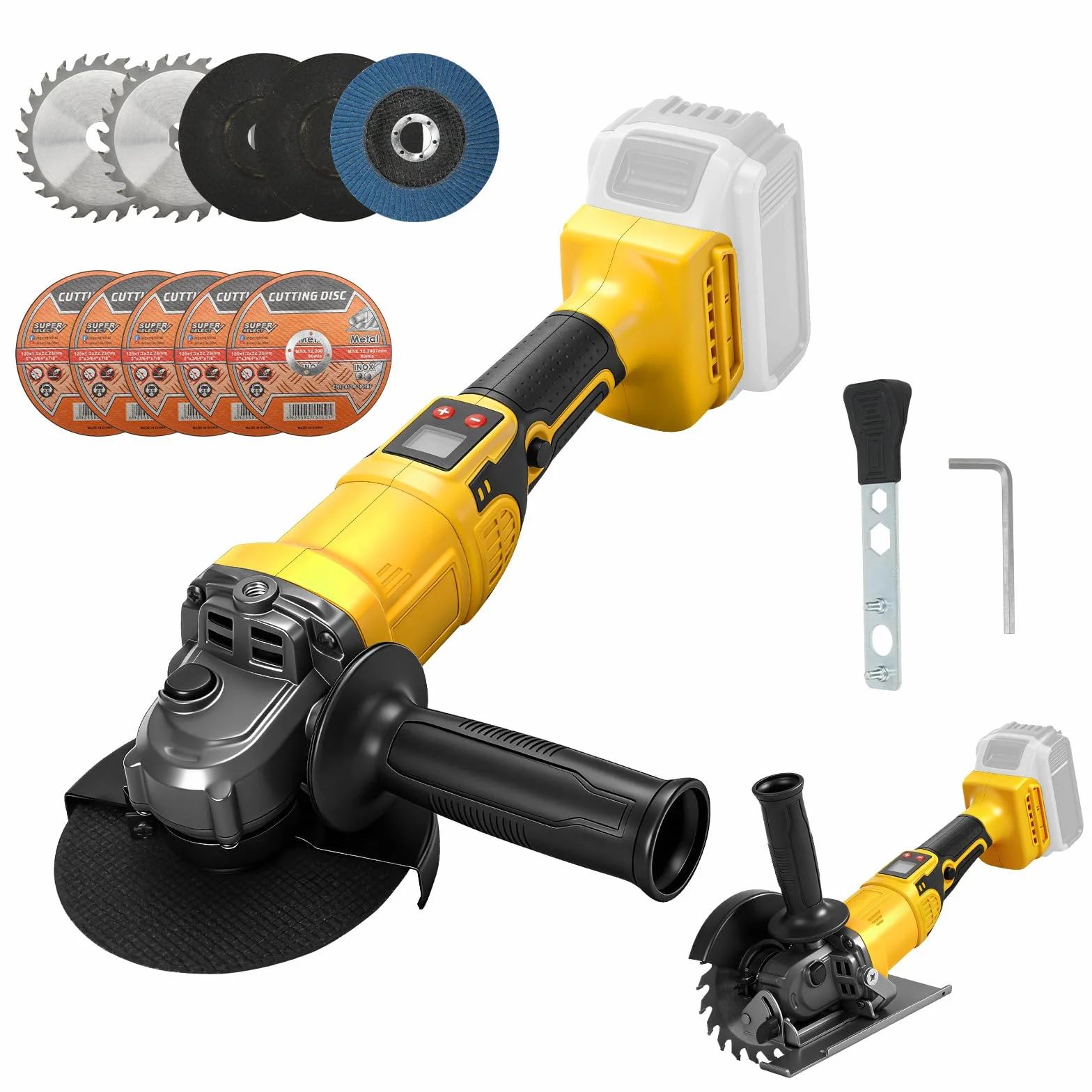 WingFly Akumulatorowa szlifierka kątowa do Dewalt 18 V, 20 V, bezprzewodowa szlifierka | Profesjonalny, 125 mm, bezszczotkowy silnik, osłona szyby, do usuwania farby i zaprawy (bez akumulatora)