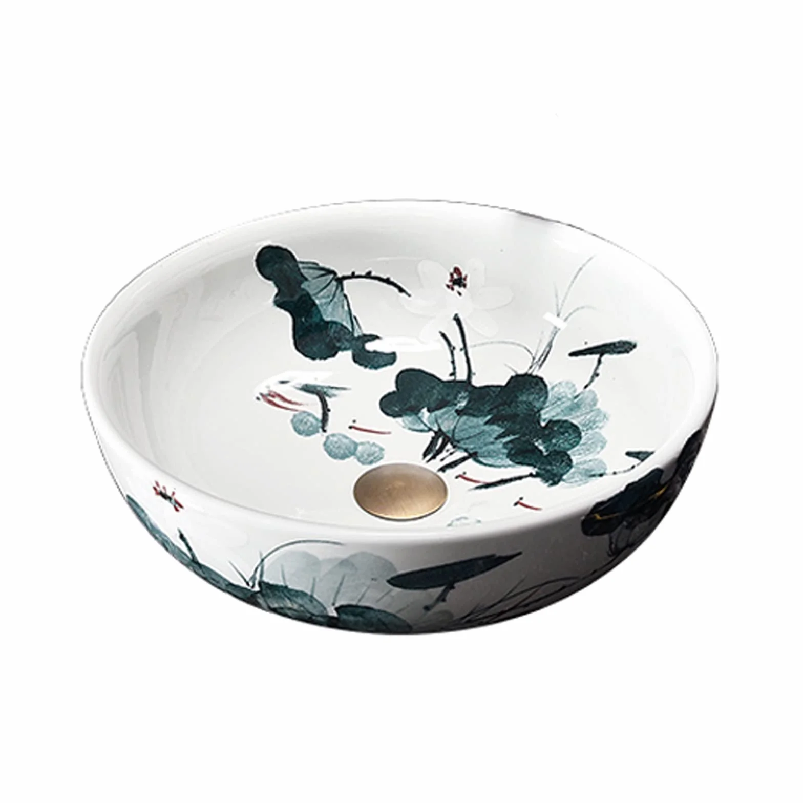 Umywalka Łazienkowa Ceramiczna Umywalka Nablatowa Okrągła Niebiesko-Biała Porcelanowa Umywalka Nablatowa Z Wzorem Liścia Lotosu Umywalka Nablatowa Łazienkowa(Tylko Umywalka)