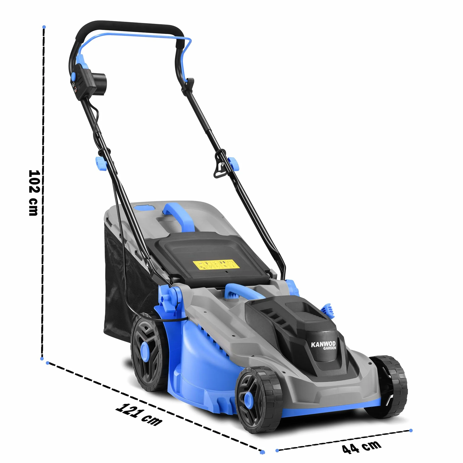 Kanwod KGALM-1638 kosiarka elektryczna o szerokości 38 cm, 1600 W, 5-poziomowa regulacja wysokości cięcia od 30 do 75 cm, 42-litrowy pojemnik na zbieracz, 3400 obr/min