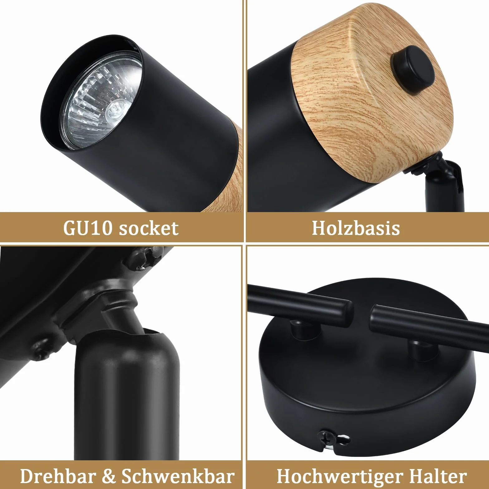 Glitzerlife sufitowy reflektor drewniany czarny lampa sufitowa - lampa sufitowa 4 płomienie GU10 LED obrotowy 330° reflektor do salonu sypialni kuchni pokoju dziecięcego bez żarówek