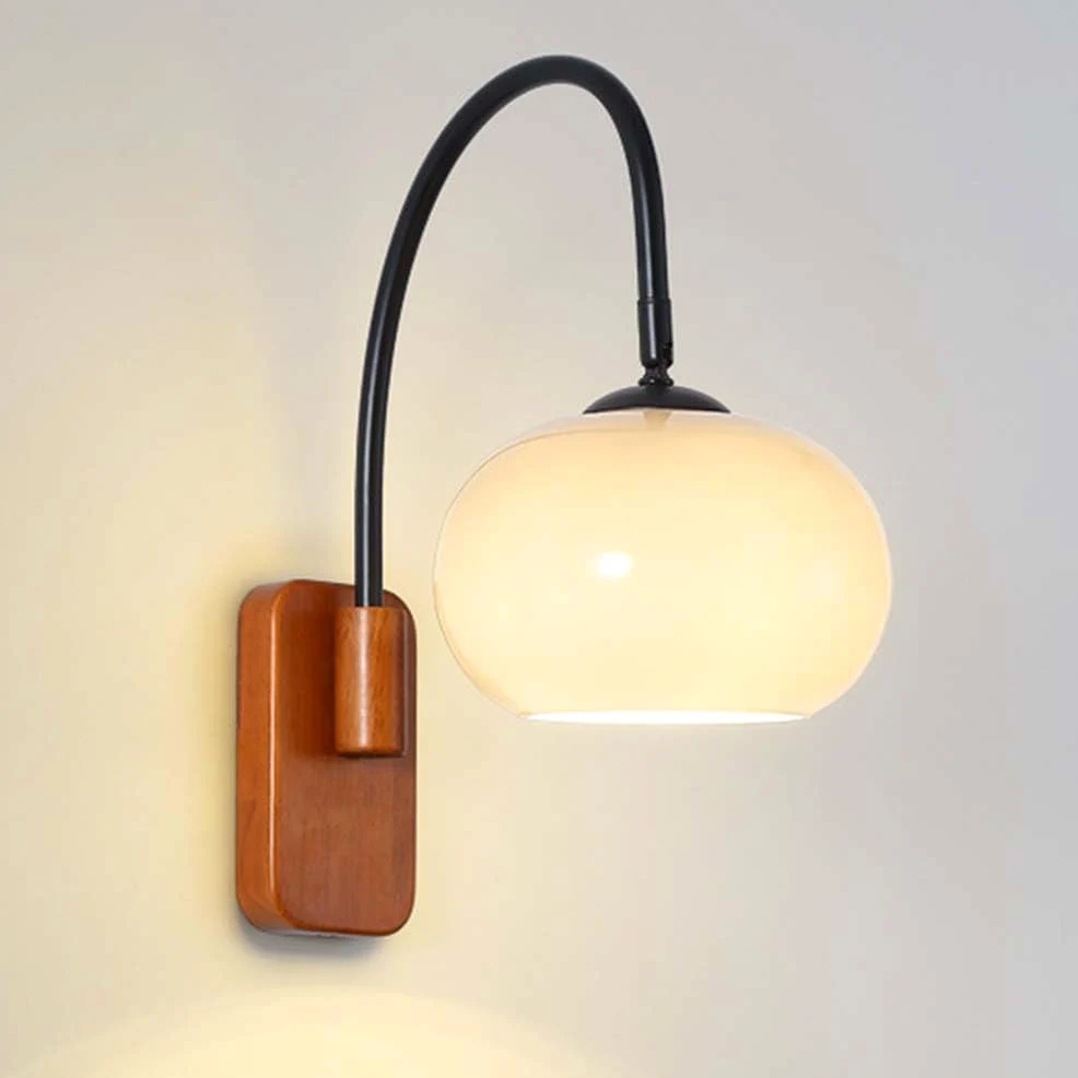 Drewniana lampa ścienna, regulowana, wewnętrzna, retro, ścienna lampa E27, obrotowa, vintage, industrialna lampka nocna z okrągłym szklanym kloszem, lampa ścienna do czytania, do sypialni, salonu, ho