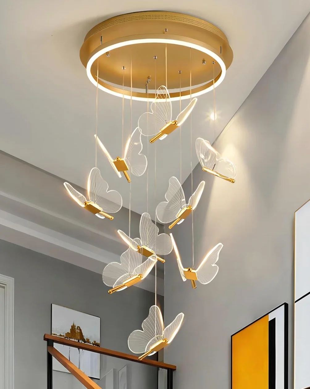 Żyrandole LED do przedpokoju Salon Wysoki żyrandol sufitowy Akrylowy motyl Duże lampy wiszące Oprawa oświetleniowa Nowoczesna jadalnia Przedpokój Światła na schody Lampa sufitowa LED z możliwo