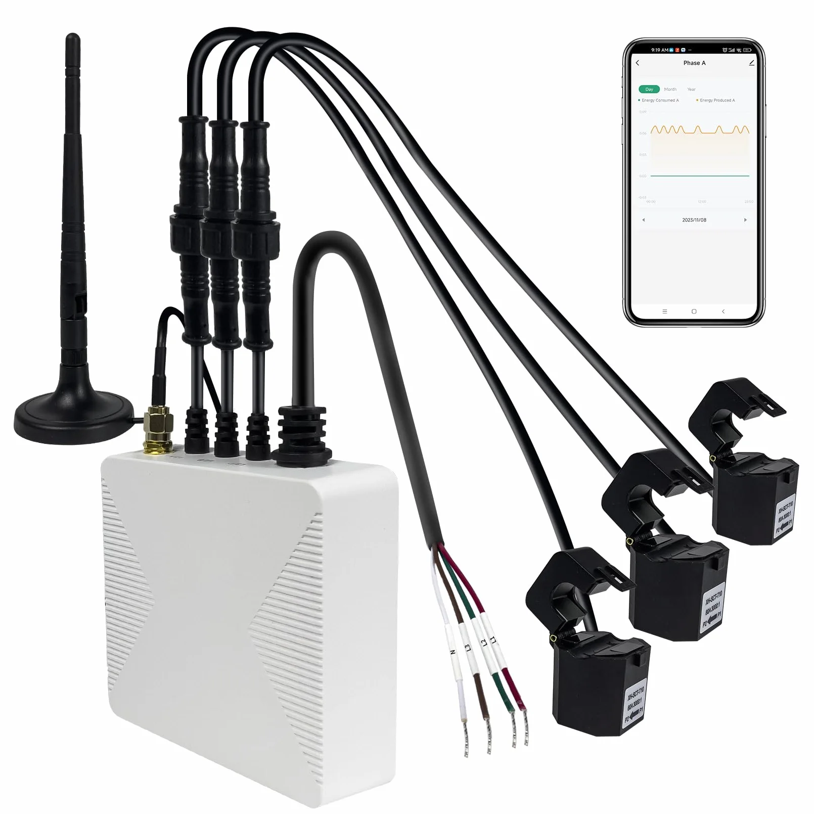 OWON 3-fazowy monitor energii WiFi, inteligentny dom, 3-fazowy miernik zaciskowy z 3 czujnikami poziomu obwodu 200 A, Vue - monitor energii elektrycznej w czasie rzeczywistym/miernik prądu