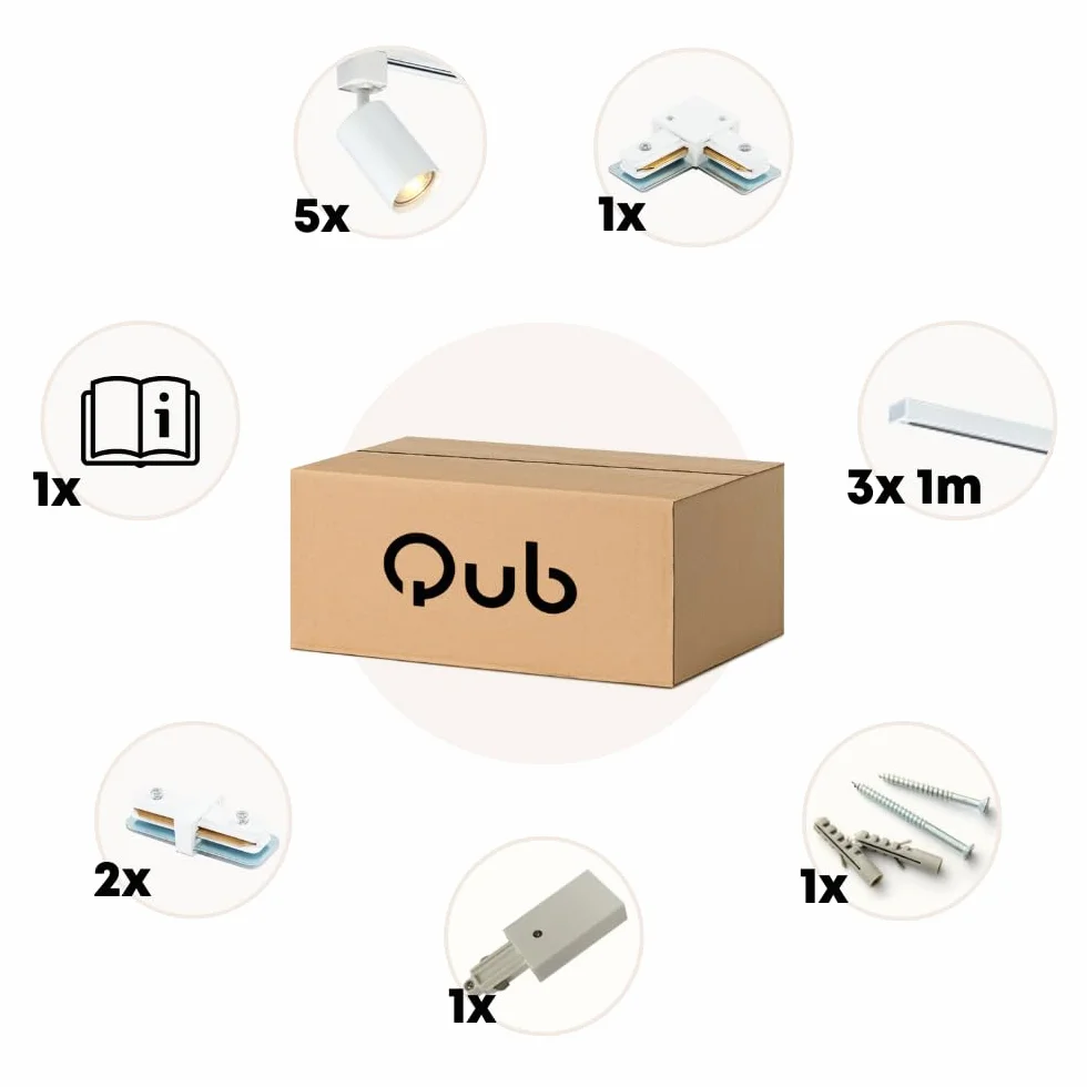 Qub Focus III 1-fazowe oświetlenie toru, 300 cm, 5 x głowica GU10, 3 x szyna 1 m, kształt litery L, reflektor sufitowy, biały, wysuwany i elastyczny, kompatybilny z diodami LED, nowoczesne oświetlenie