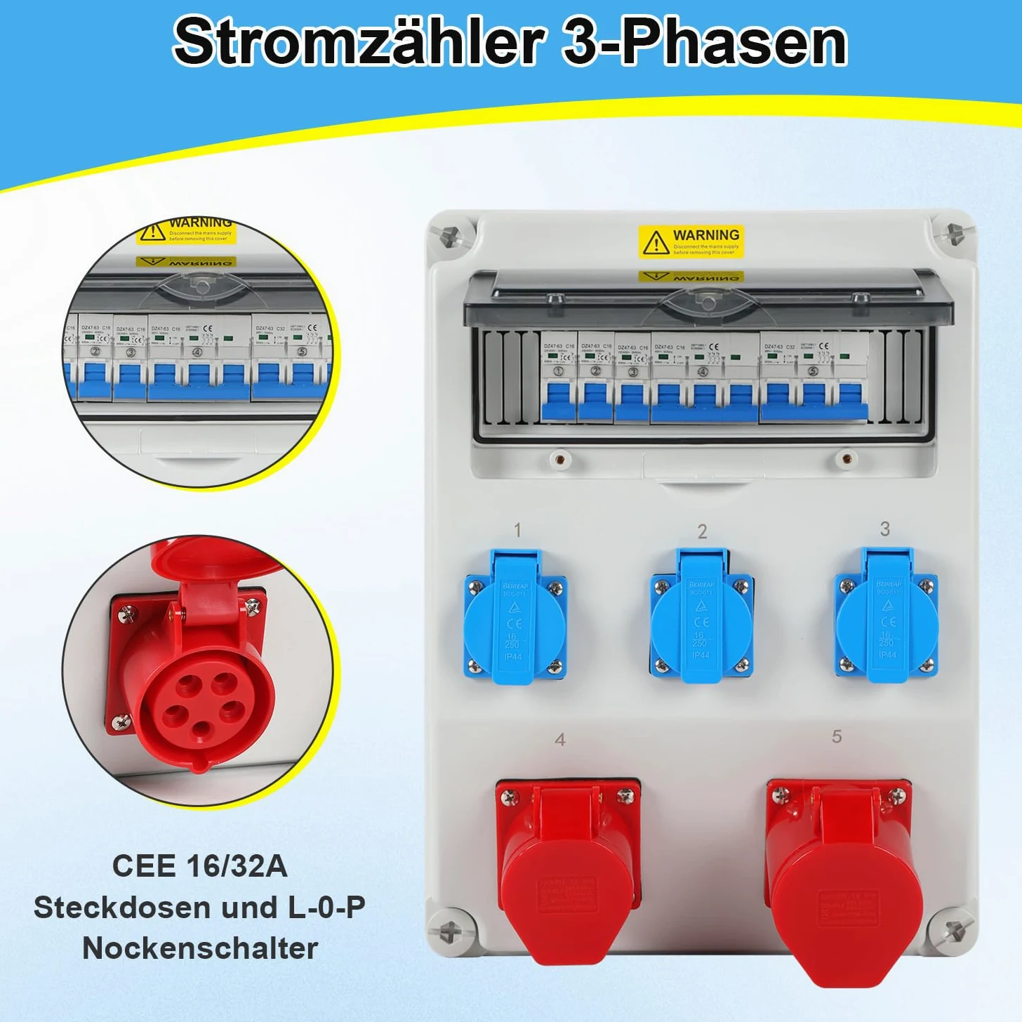 Rozdzielacz prądu budowlanego, 1 x CEE 32 A 400 V + 1 x CEE 16 A 400 V + 3 x 230 V Schuko, 5-biegunowy rozdzielacz ścienny z przełącznikami LS, rozdzielacz prądu IP44 z klapkami zabezpieczającymi