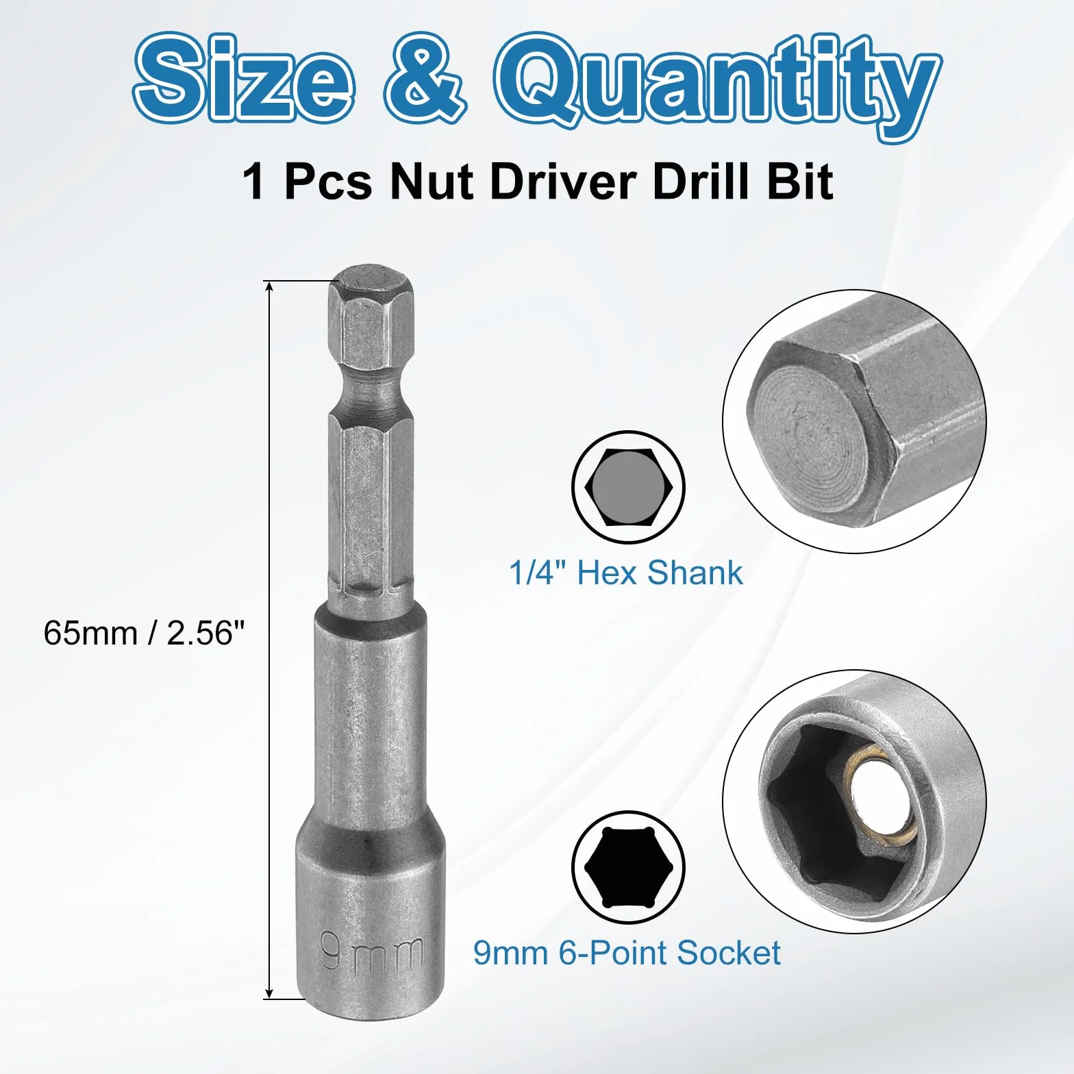 QUARKZMAN Końcówka sześciokątna, 9 mm, metryczna 6-punktowa tuleja 1/4", sześciokątny trzonek magnetyczny CR-V tuleje bolcowe do wiertarek udarowych, długość 65 mm
