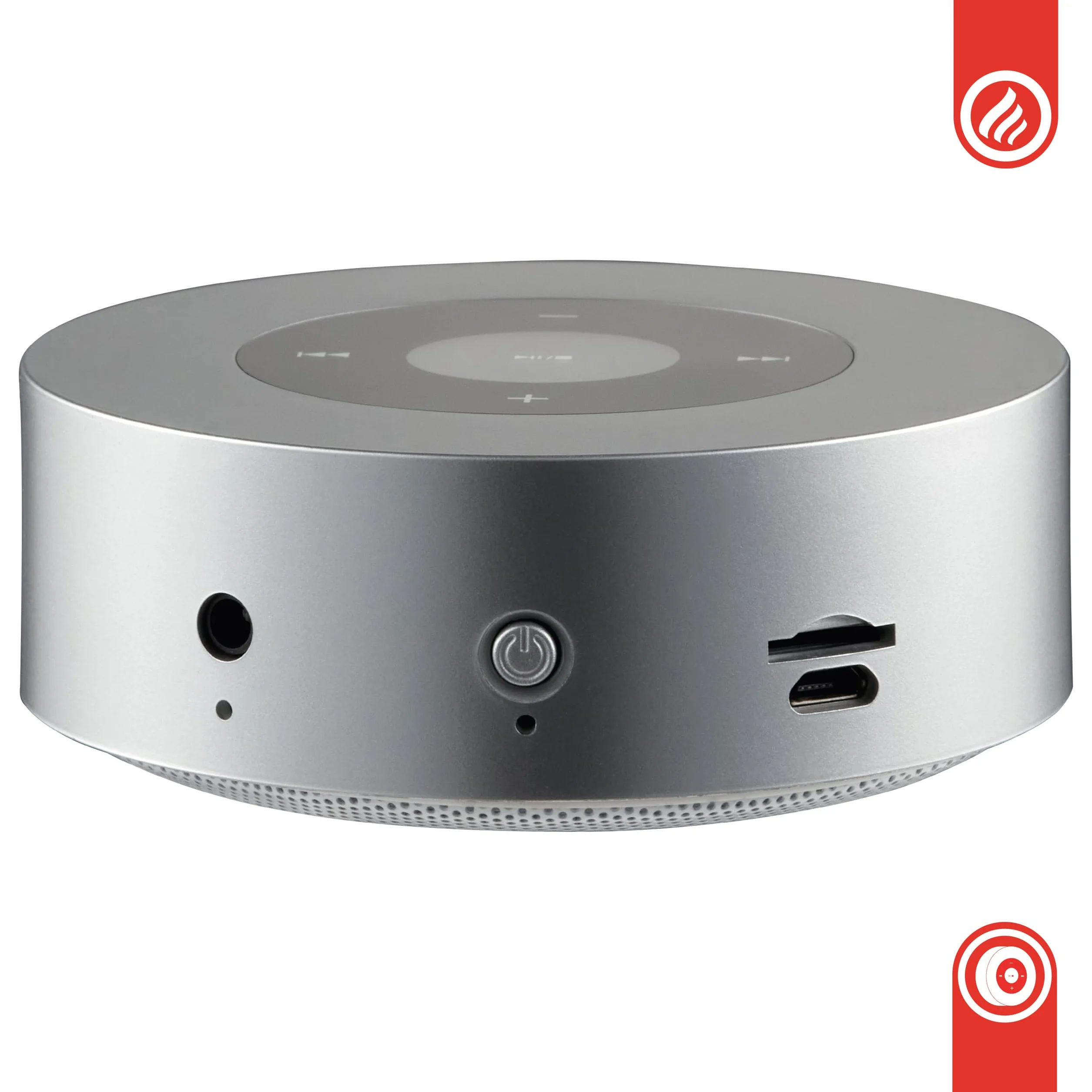 KAMINIO Głośnik z efektem trzaskania MORITZ - Mocny głośnik z dźwiękami ognia kominkowego, Bluetooth, AUX, mikrofonem, akumulatorem - Srebrny