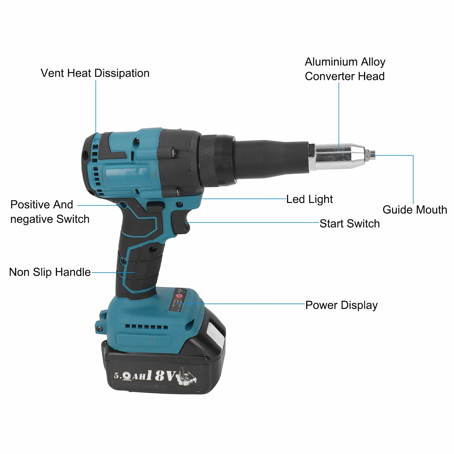 Akumulatorowy Pistolet do Nitów 18V, Elektryczny Nitownica Bezszczotkowa LED Adapter do Wiertarki do Nakrętek Automatyczny Rivet Nut Hand Tool dla Przemysłu Indywidualnej Dekoracji