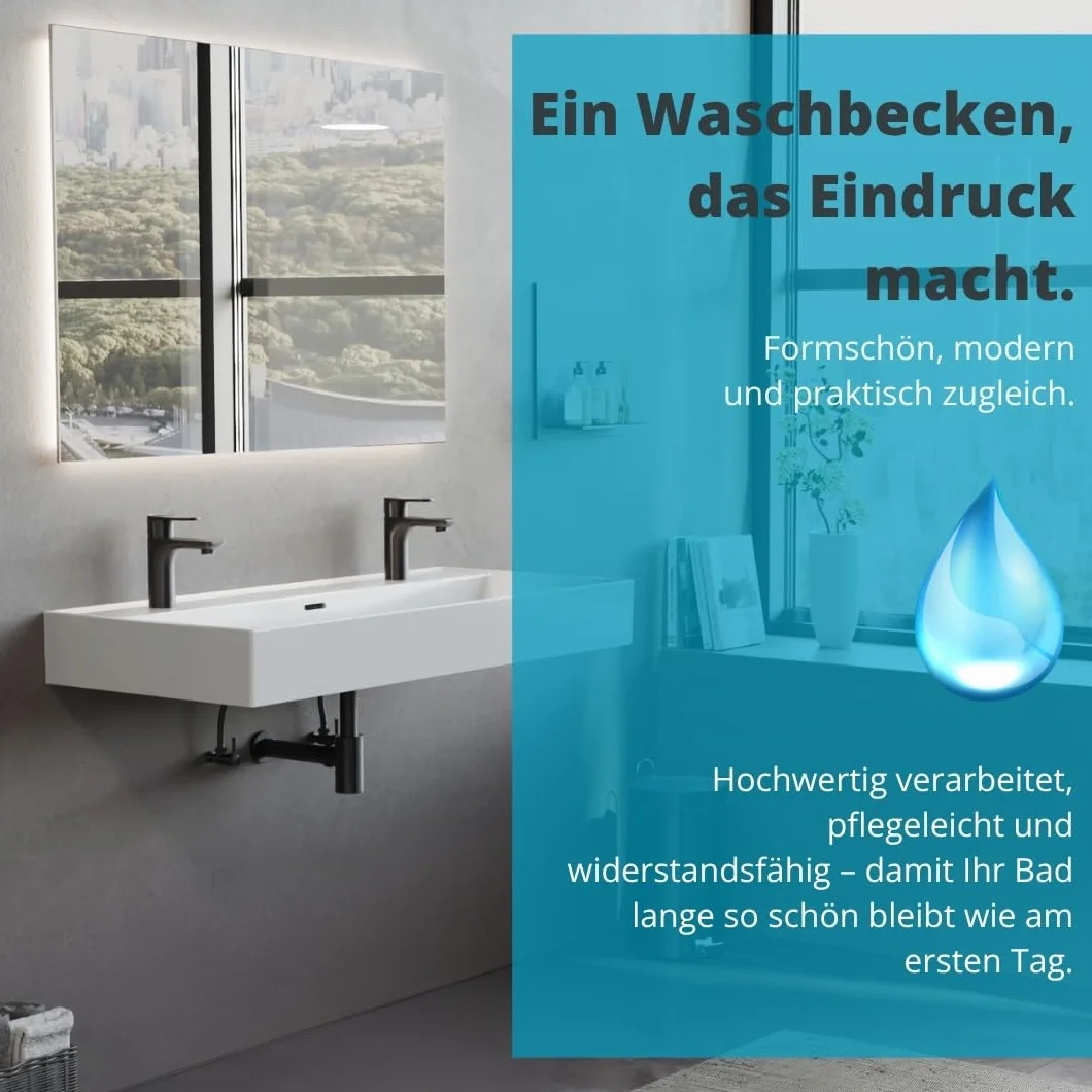 Aqua Bagno podwójna umywalka ceramiczna 100 cm biała – prostokątna, 2 otwory na baterię, nowoczesny design, montaż ścienny lub na meblu