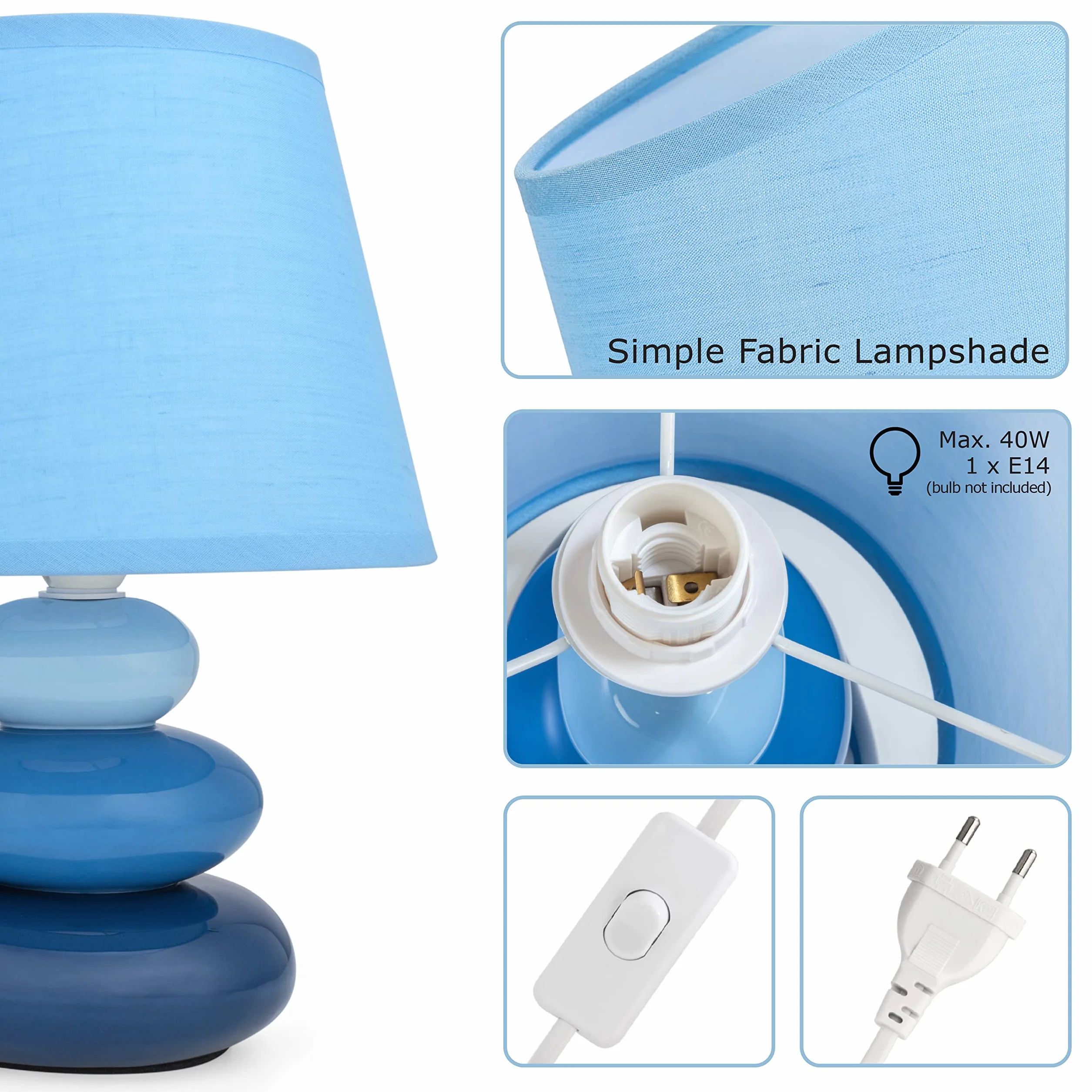 Lampka nocna "Lina" (niebieska) lampa stołowa ceramiczna lampa stołowa z abażurem z materiału, nadaje się do LED, E14 230 V, ceramika, lampa stołowa, lampka nocna, lampa okienna, lampa na sofę, lampy