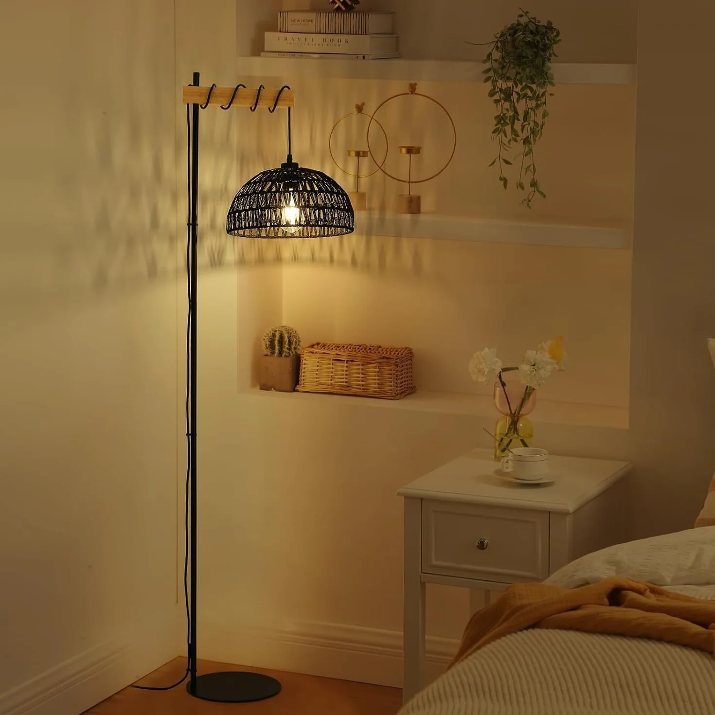 Alpinaluz Lampa Podłogowa E27 Czarny Pleciony Papier Czarna Podstawa 158 cm | Ręcznie wykonany klosz Ø32 cm, styl boho nordycki z wtyczką i przełącznikiem nożnym do salonu, sypialni i czytania