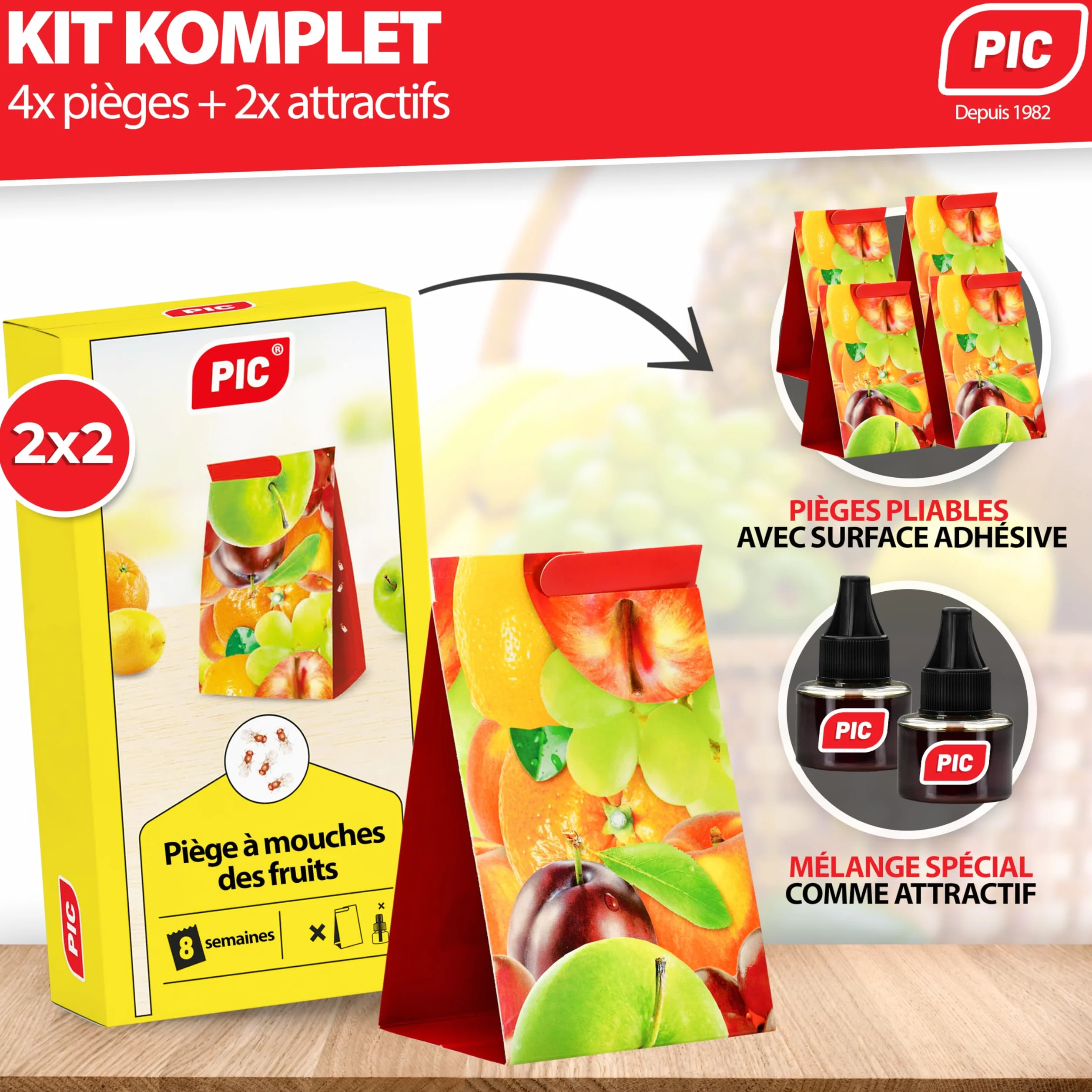 PIC pułapka na muszki owocówki z taśmą klejącą przeciwko muszkom owocówkowym - pułapka na muszki owocówki do użytku wewnętrznego, pułapka na muchy idealna w kuchni, 2 pojemniki z substancją