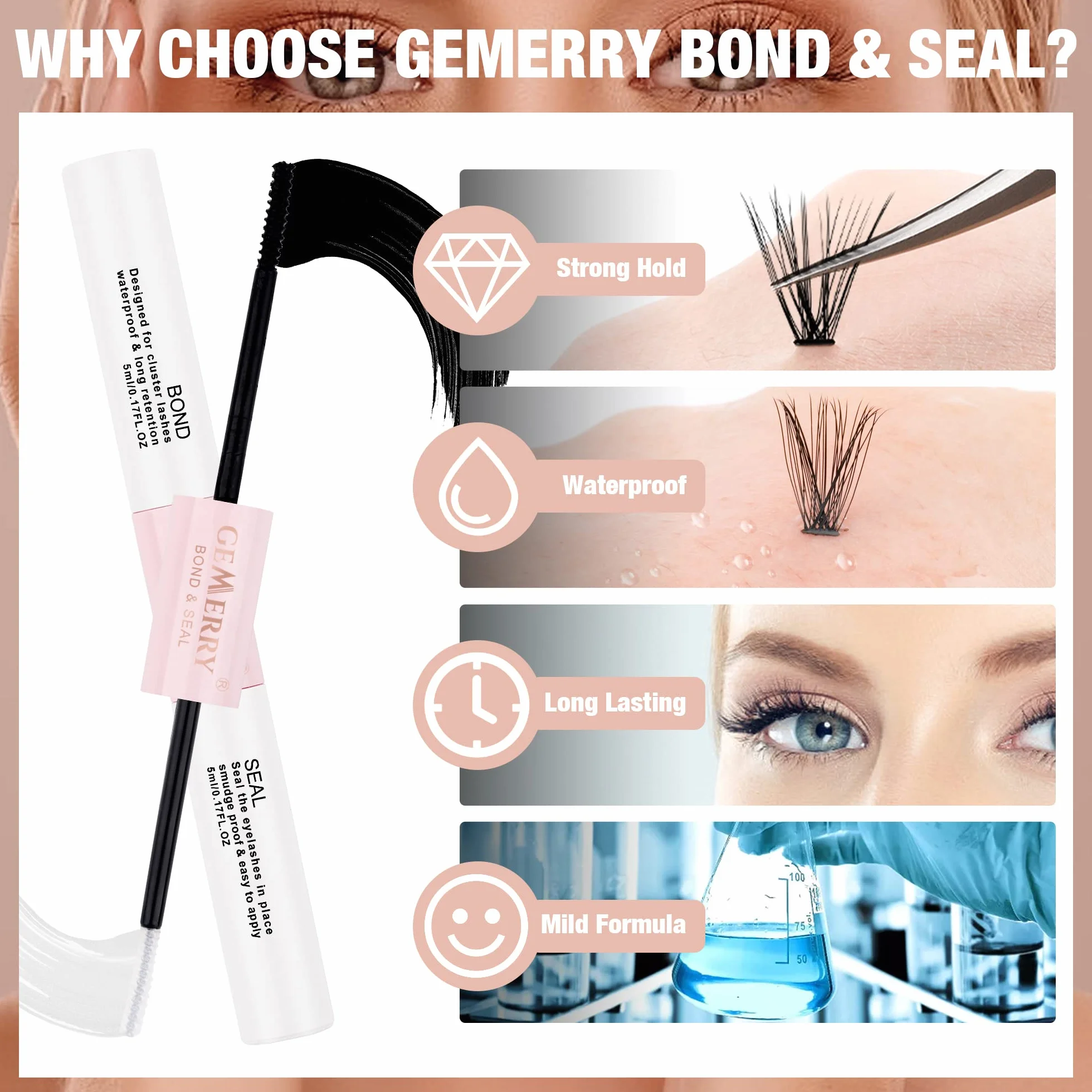 GEMERRY Klej do rzęs Lash Bond and Seal do klastra pojedynczych rzęs, długi czas trwania 48-72 godzin, wodoodporny klej samoprzylepny 2 w 1, klej do samodzielnego wykonania (5 ml+5 ml)
