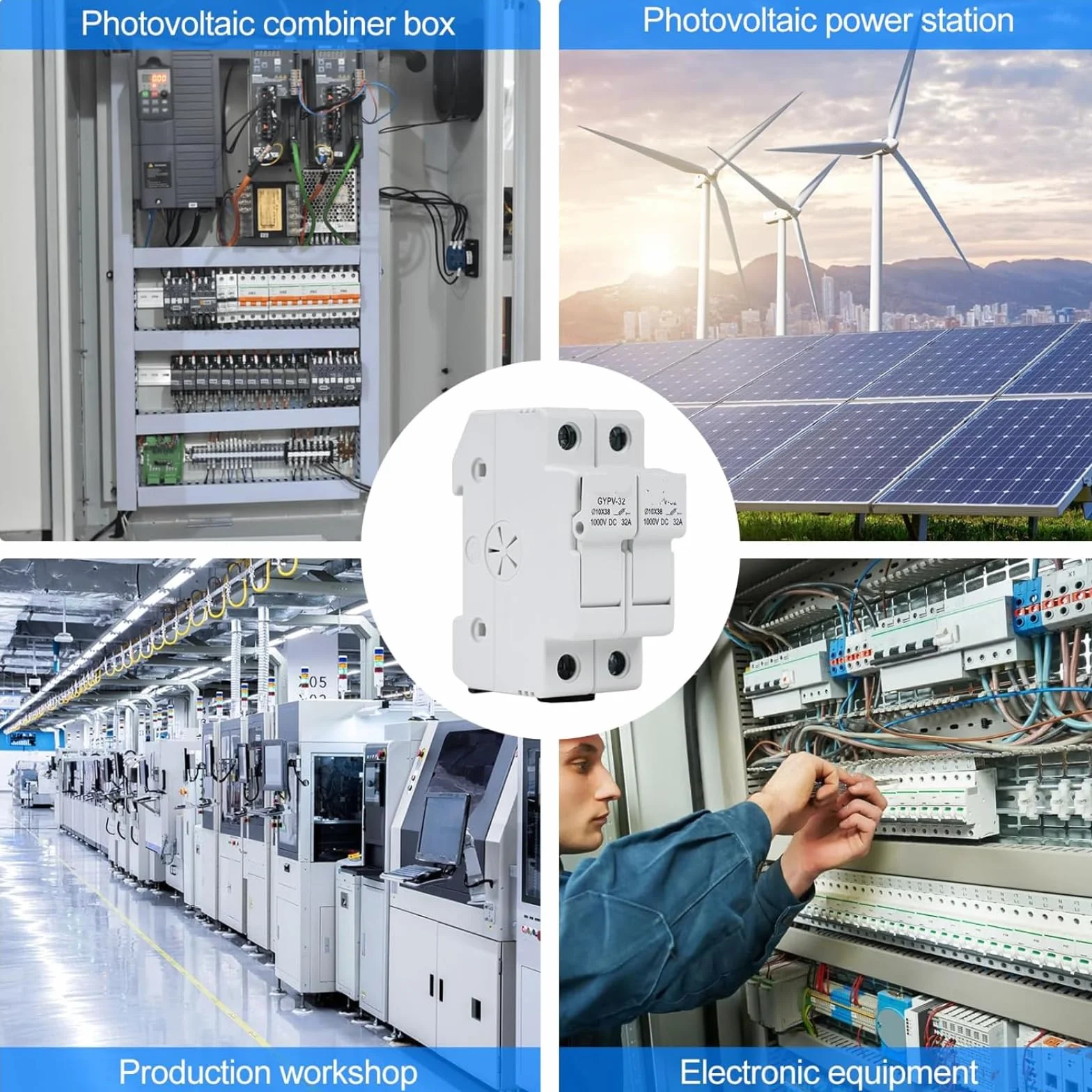 Bezpiecznik DC 15a Solar PV Zabezpieczenie przed zwarciem Ochrona przed przełamaniem 32a 2P PV Zestaw bezpieczników 1000VDC