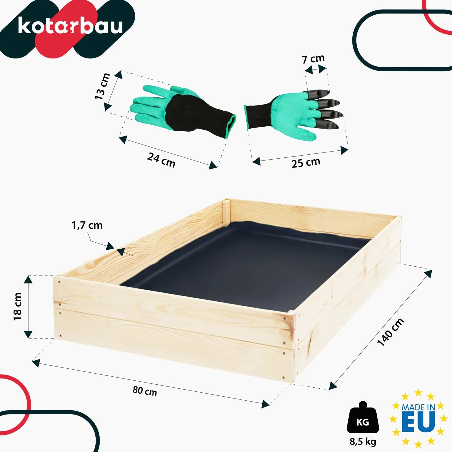 KOTARBAU® Skrzynka Drewniana na Warzywa - 140 X 80 X 18 CM - Warzywniak z Agrowłókniną - Skrzynia Uprawowa - Rękawiczki Pazurki