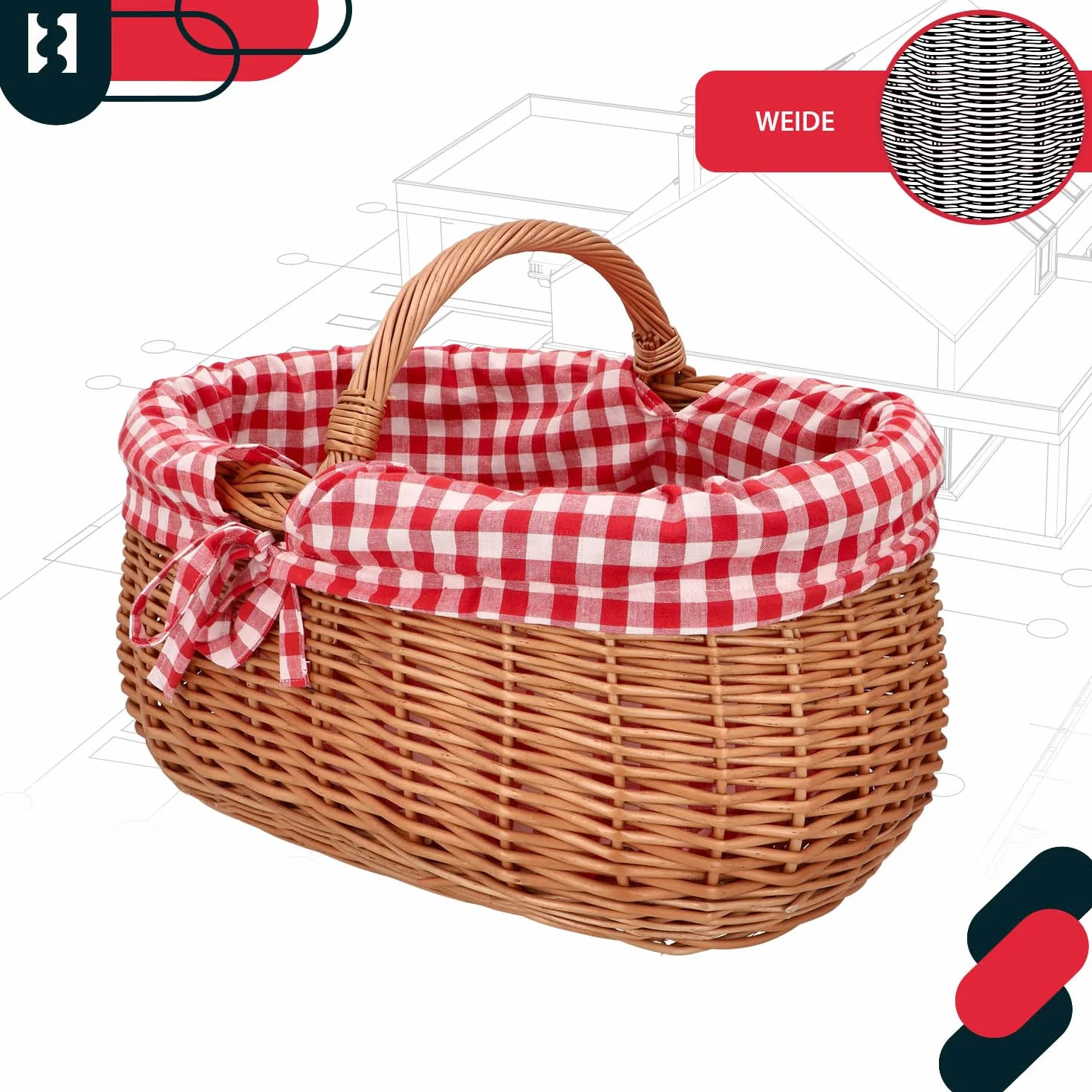 KOTARBAU® Kosz Wiklinowy na Zakupy - 46 x 32 x 43 cm - Koszyk Piknikowy - Kosz na Grzyby - Koszyk Wielkanocny - Owalny - Czerwona Wyściółka - Wkład - Obszycie Krata